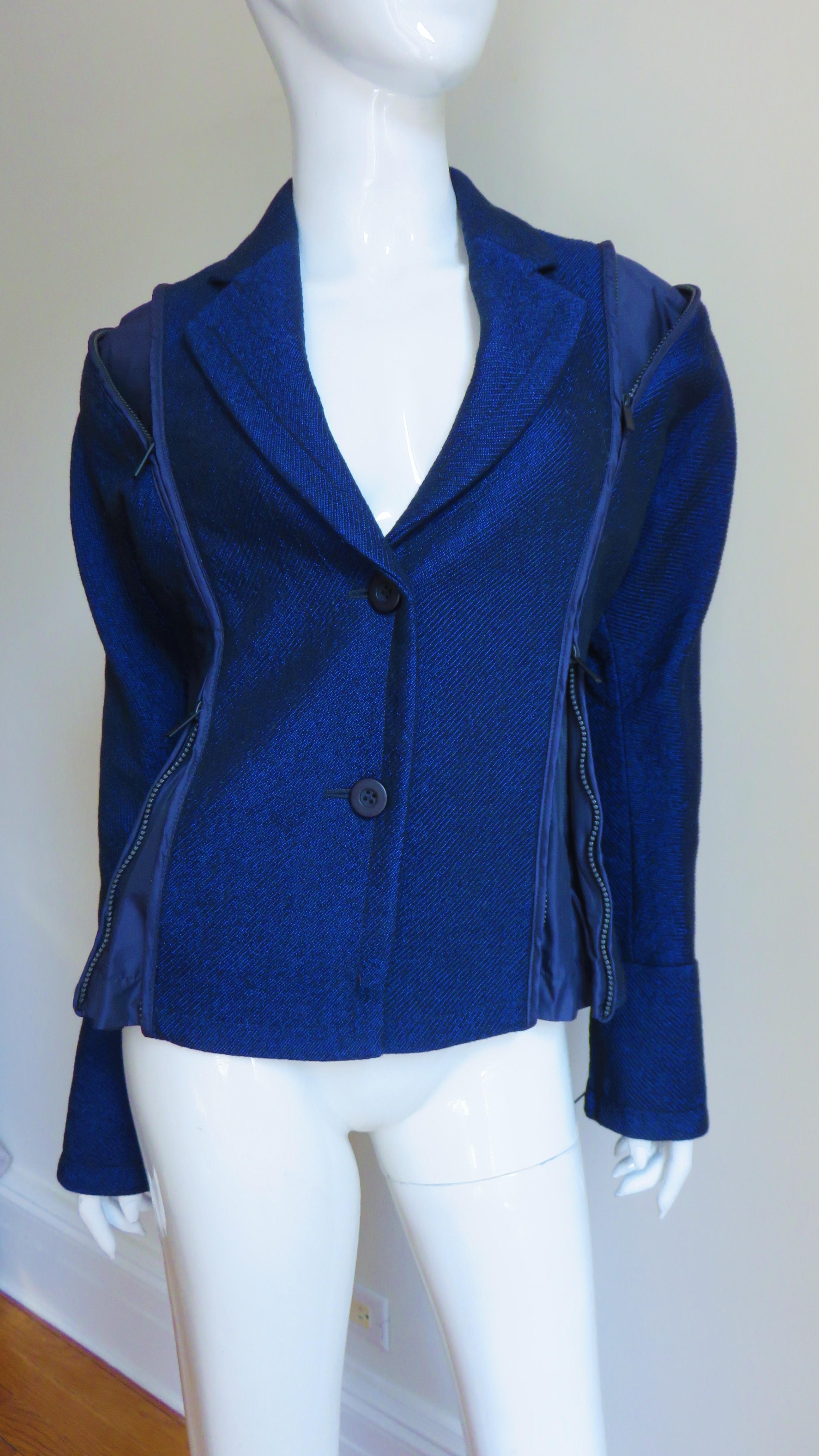 Issey Miyake Blue Wool Jacket with Zipper Parachute Panels For Sale 2
