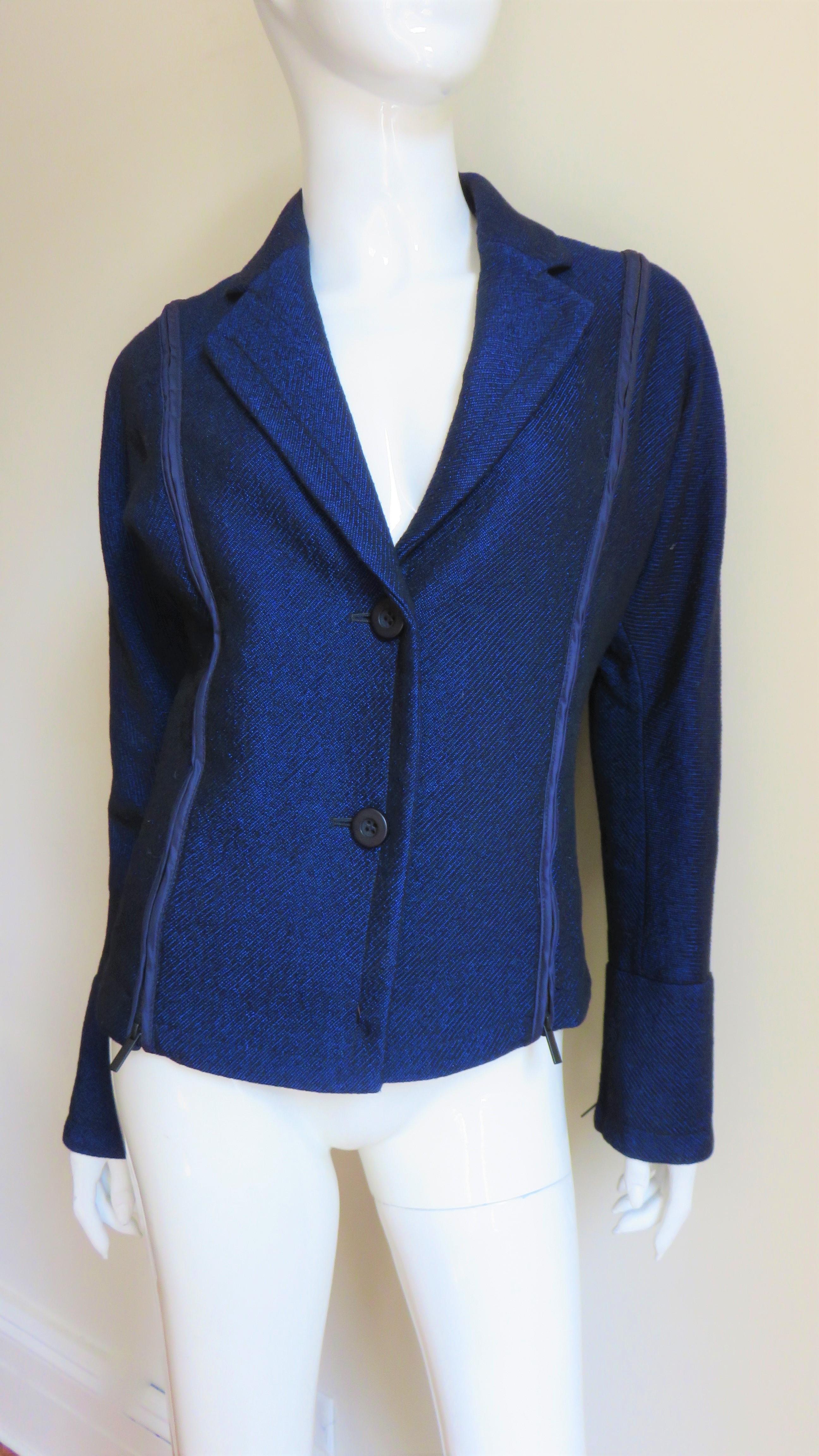 Issey Miyake Blue Wool Jacket with Zipper Parachute Panels For Sale 3