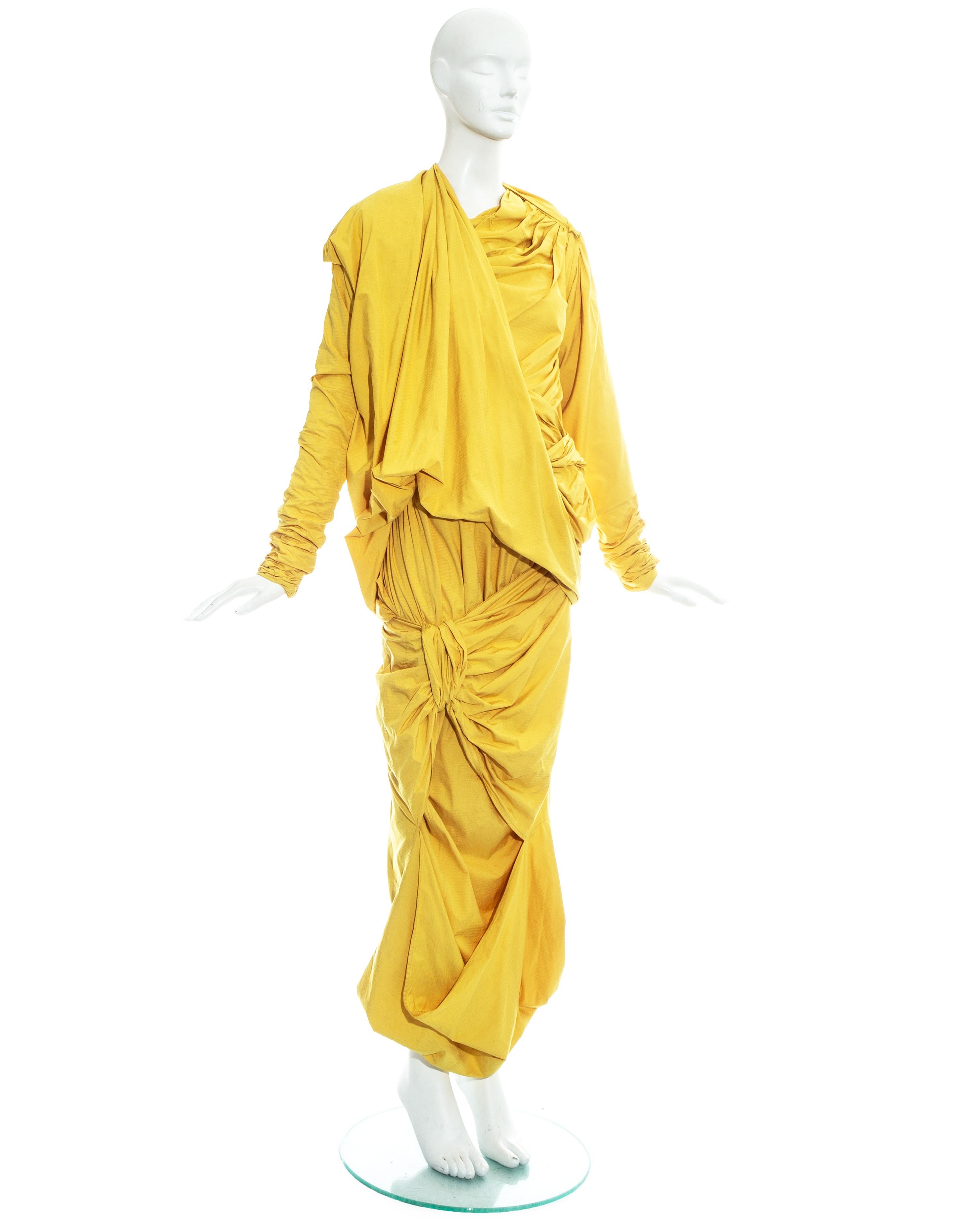 Yellow Issey Miyake yellow draped, pleated and knotted parachute ensemble, fw 1986