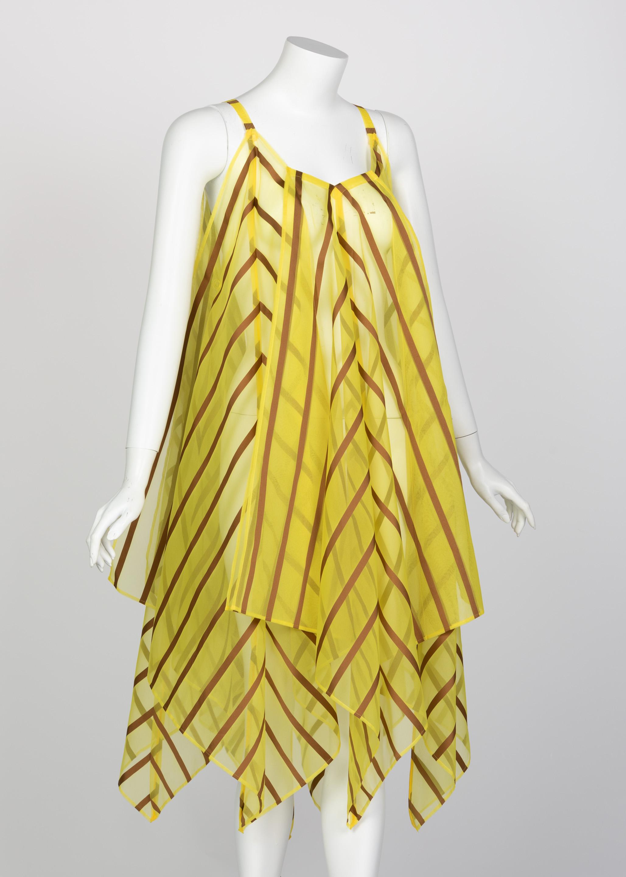 Issey Miyake Yellow Organza Brown Striped Handkerchief Dress In Excellent Condition For Sale In Boca Raton, FL