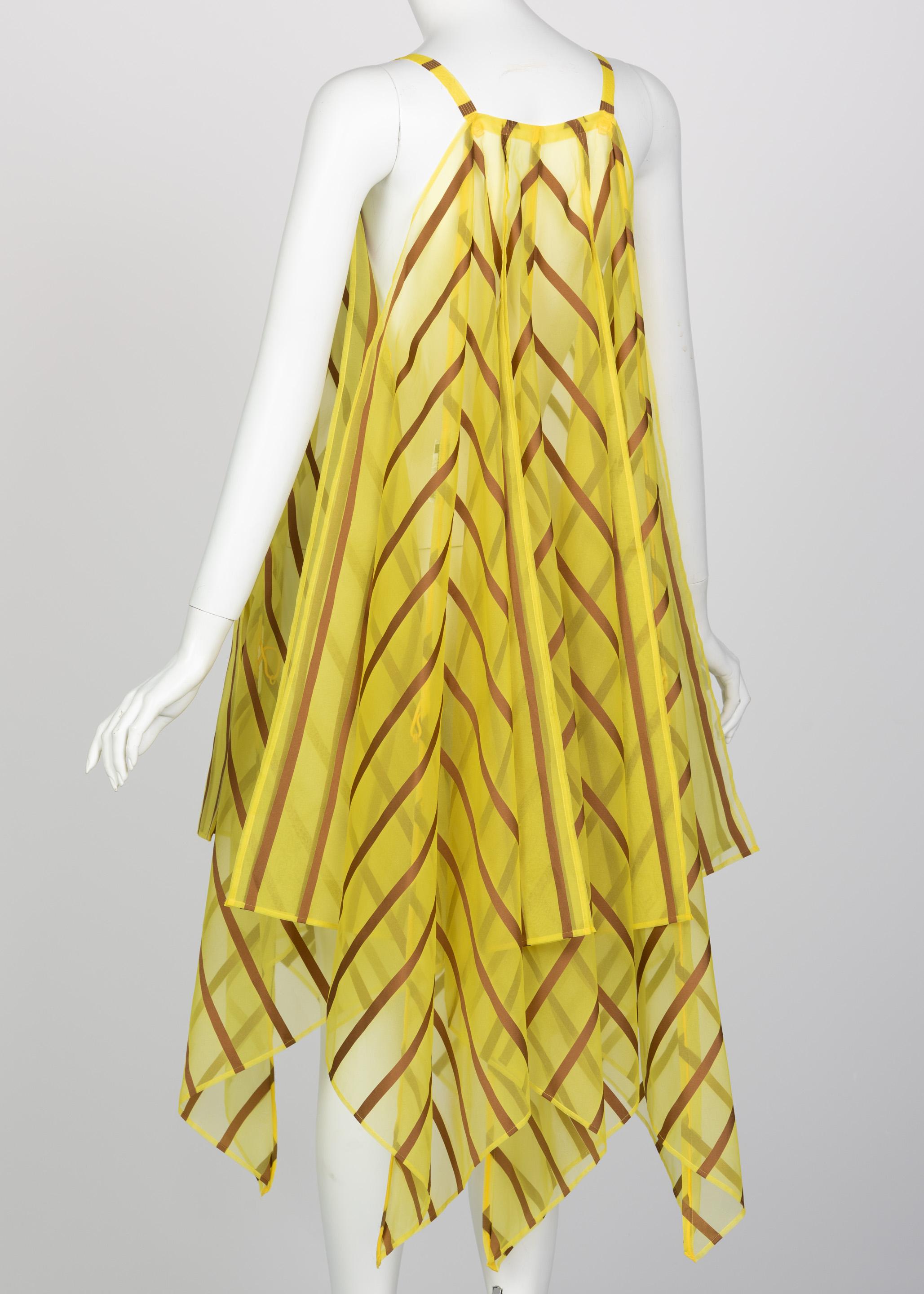 Issey Miyake Yellow Organza Brown Striped Handkerchief Dress For Sale 1