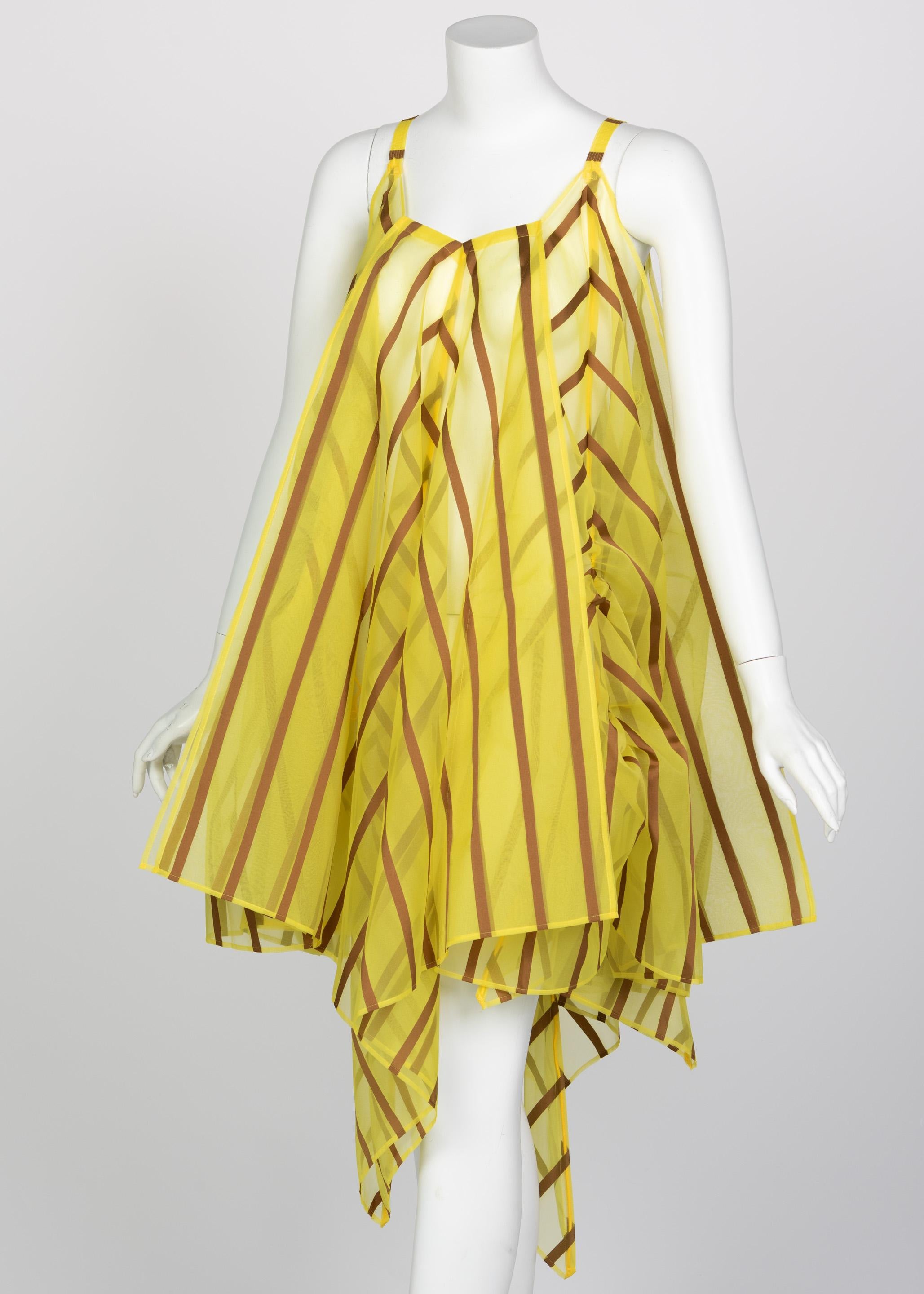 Issey Miyake Yellow Organza Brown Striped Handkerchief Dress For Sale 2