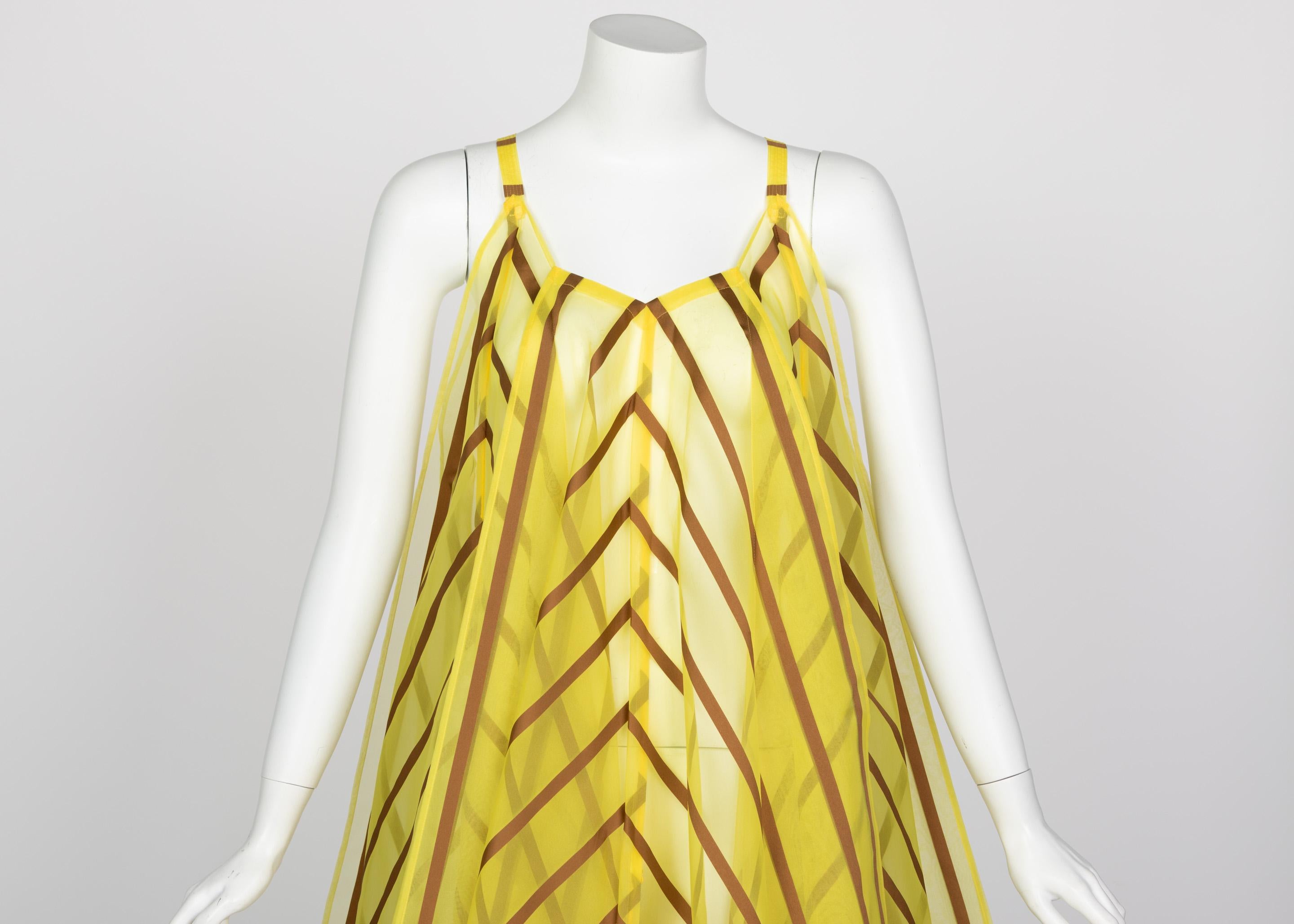 Issey Miyake Yellow Organza Brown Striped Handkerchief Dress For Sale 4