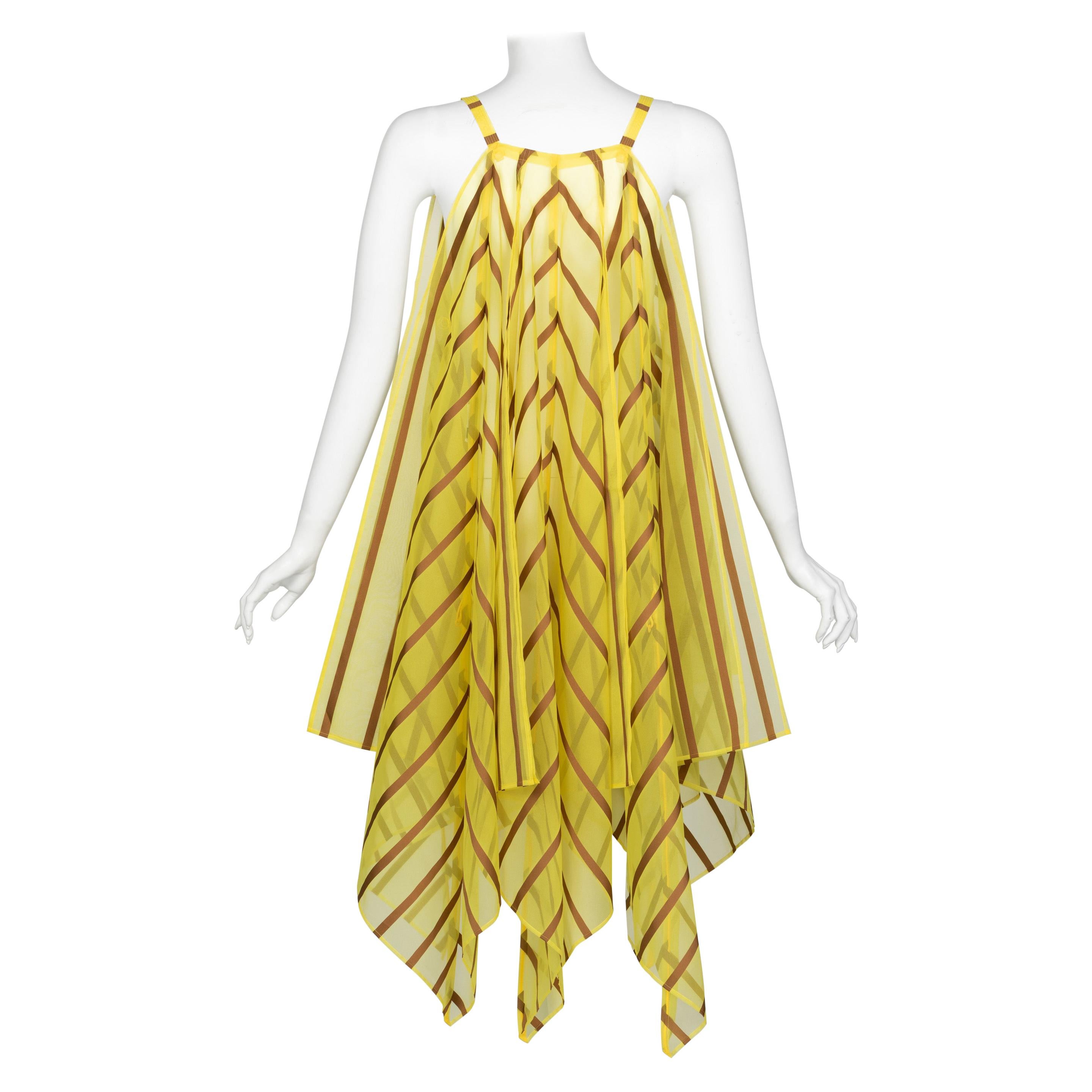 Issey Miyake Yellow Organza Brown Striped Handkerchief Dress For Sale