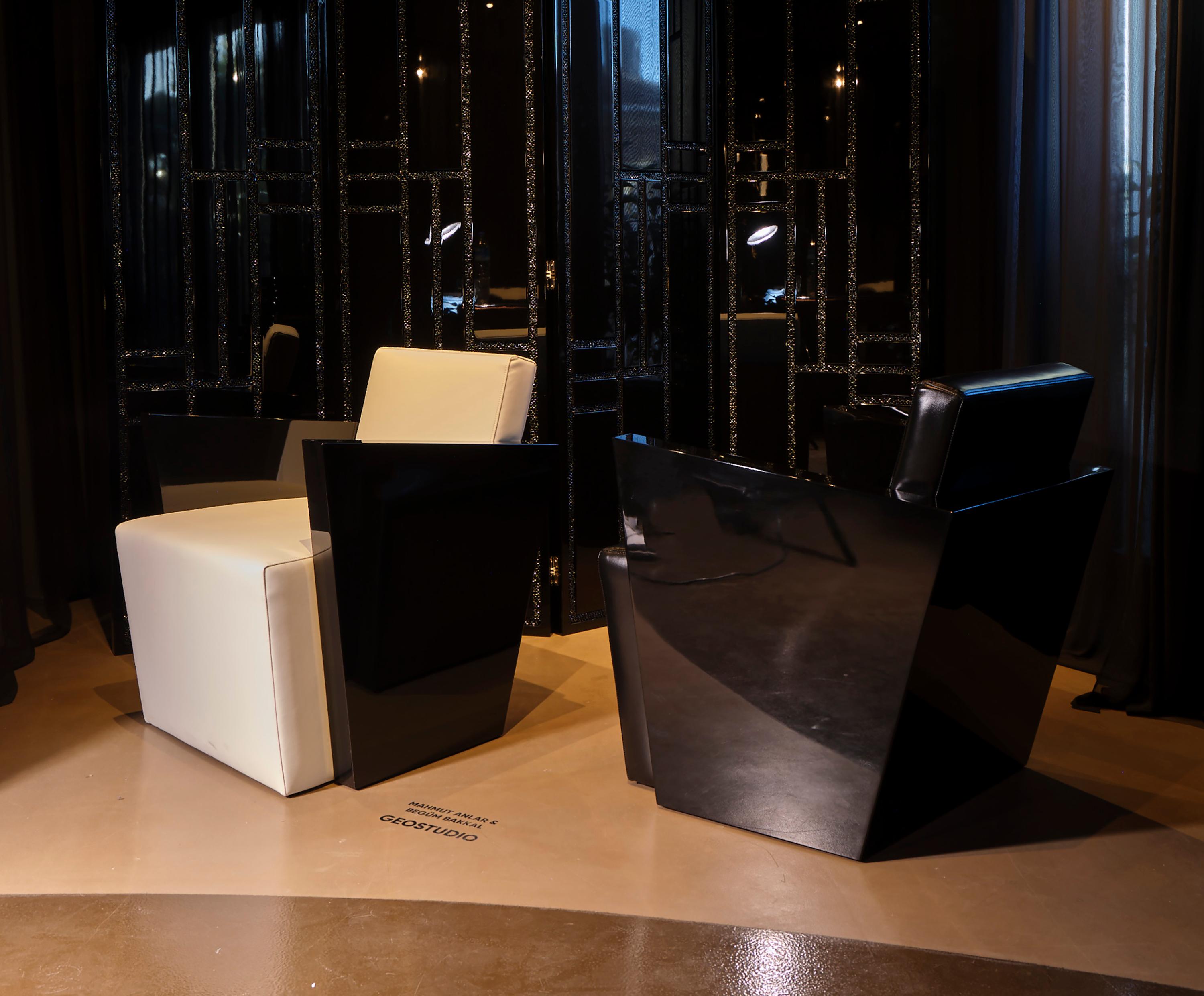 Wood Istanbul Armchair, Finest Leather Upholstery with Piano Black Lacquer Frame For Sale
