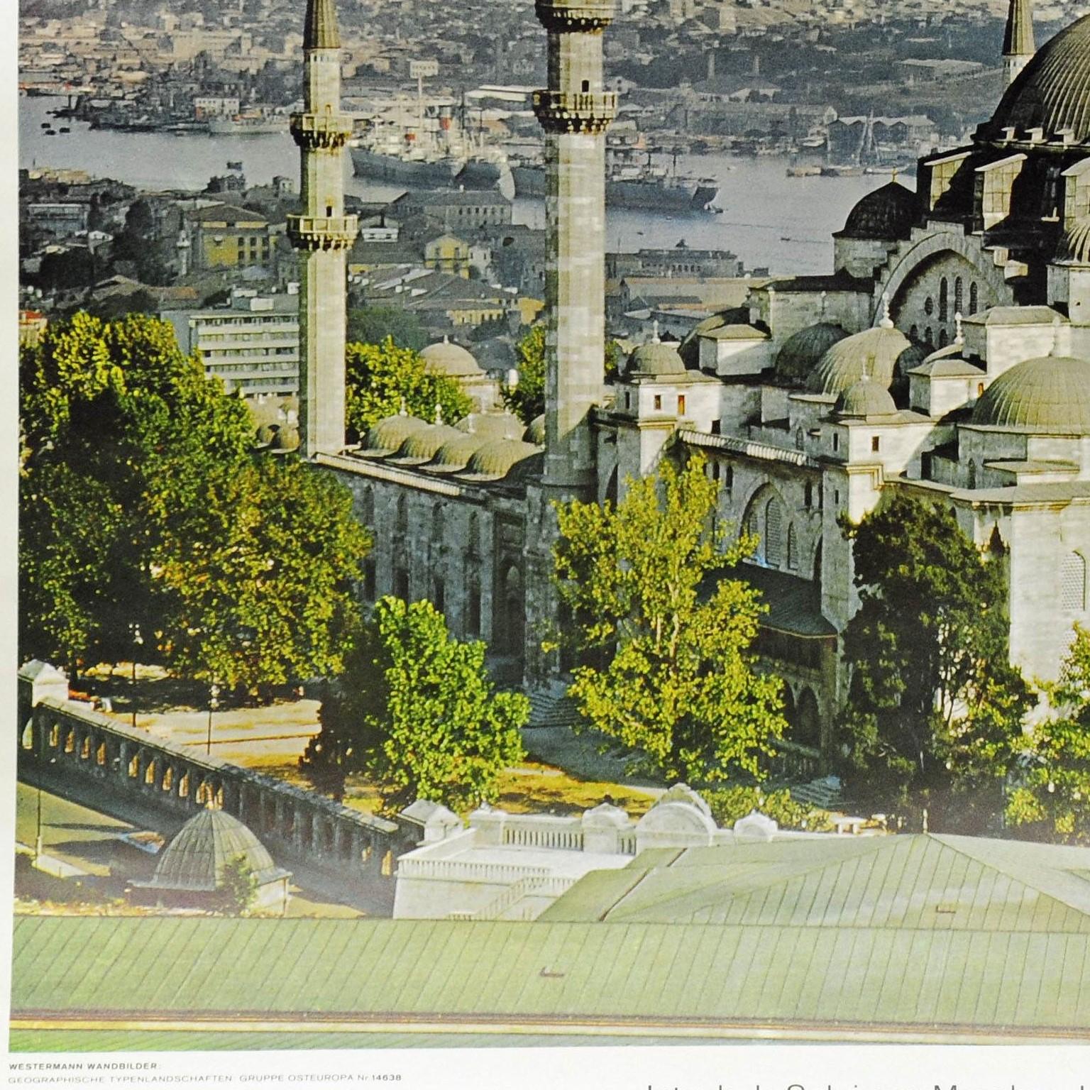 German Istanbul Mosque University the Golden Horn Turkey Vintage Rollable Wall Chart For Sale