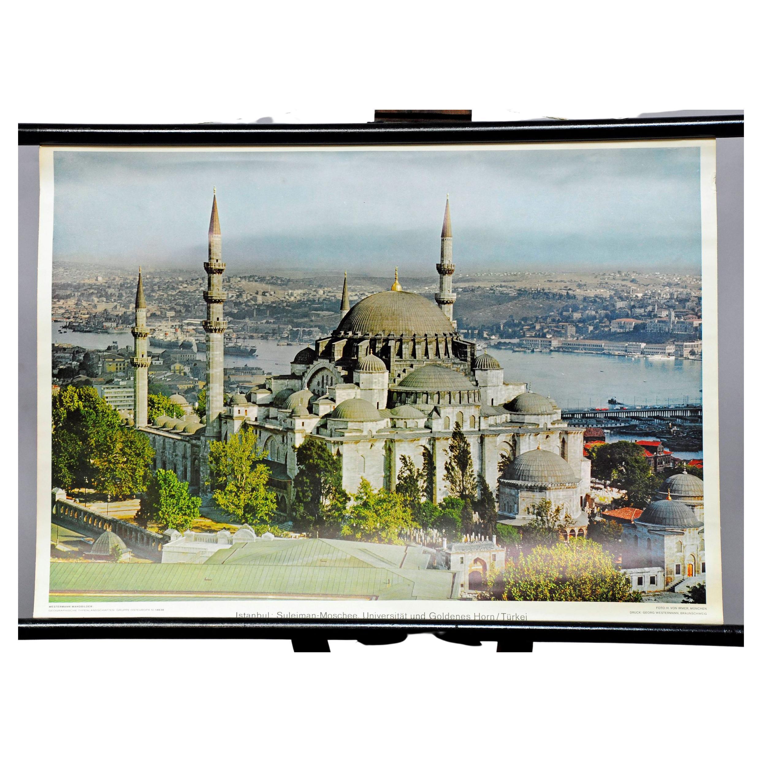 Istanbul Mosque University the Golden Horn Turkey Vintage Rollable Wall Chart For Sale