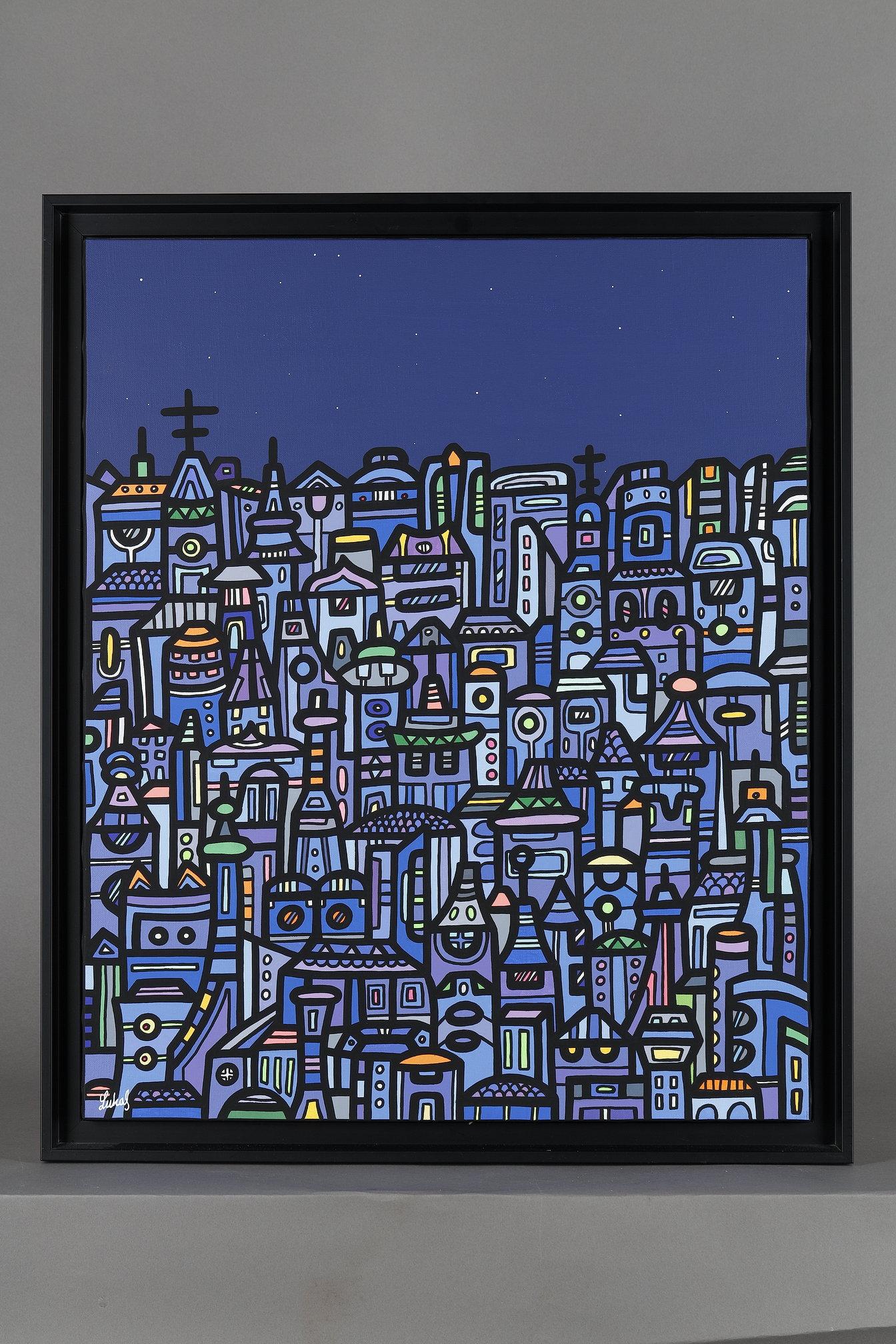 Quadro acrilico su tela del pittore contemporaneo Lukas, raffigurante i tetti di Istanbul di notte.

Lukas è un pittore contemporaneo noto per il suo stile grafico colorato e per il suo approccio multidisciplinare. È famoso per le sue prestigiose