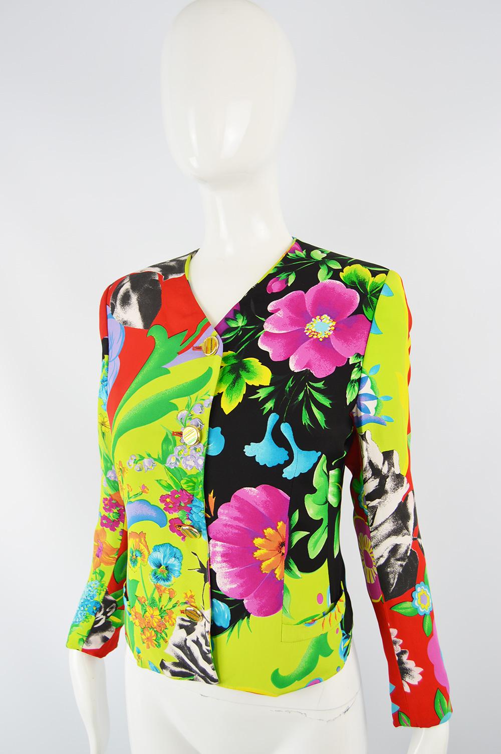 Green Istante by Gianni Versace Bright Tropical Print Women's Vintage Jacket, 1980s