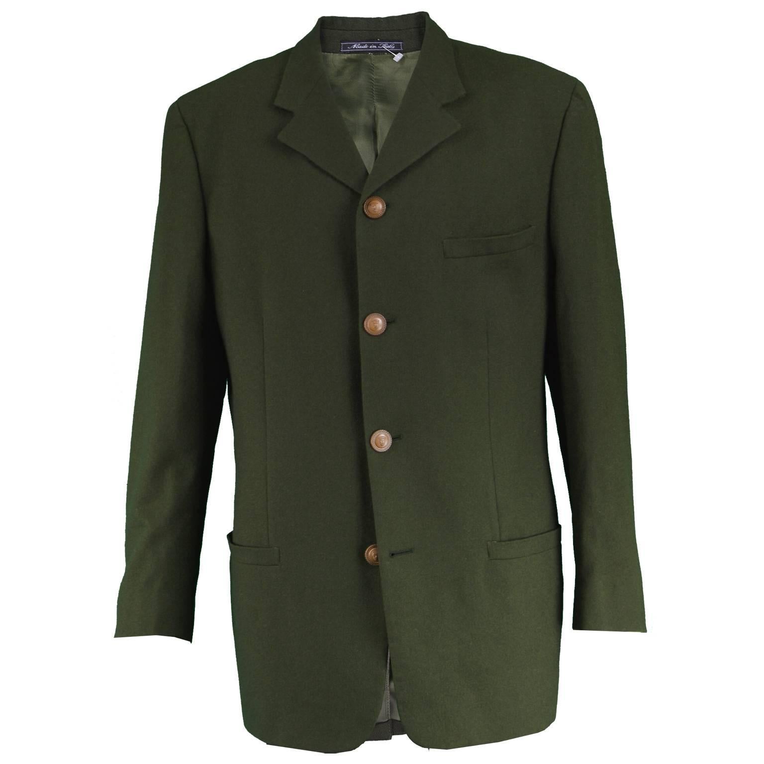 Istante by Gianni Versace Men's Vintage Dark Green Wool Blazer Jacket, 1990s  For Sale