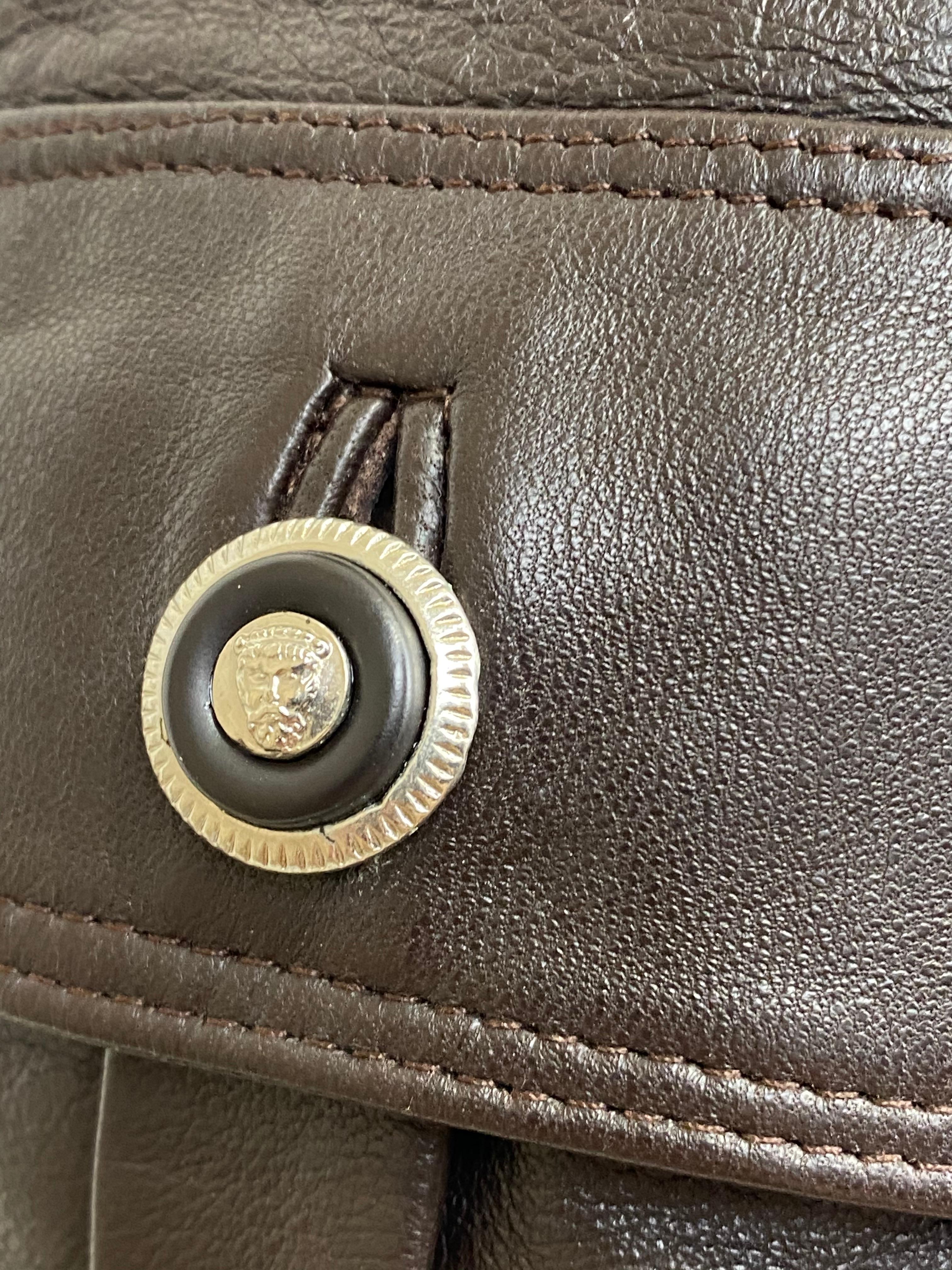 Istante by Versace Zeus Buckle Brown Leather Mini Skirt In Good Condition In Carmel, CA
