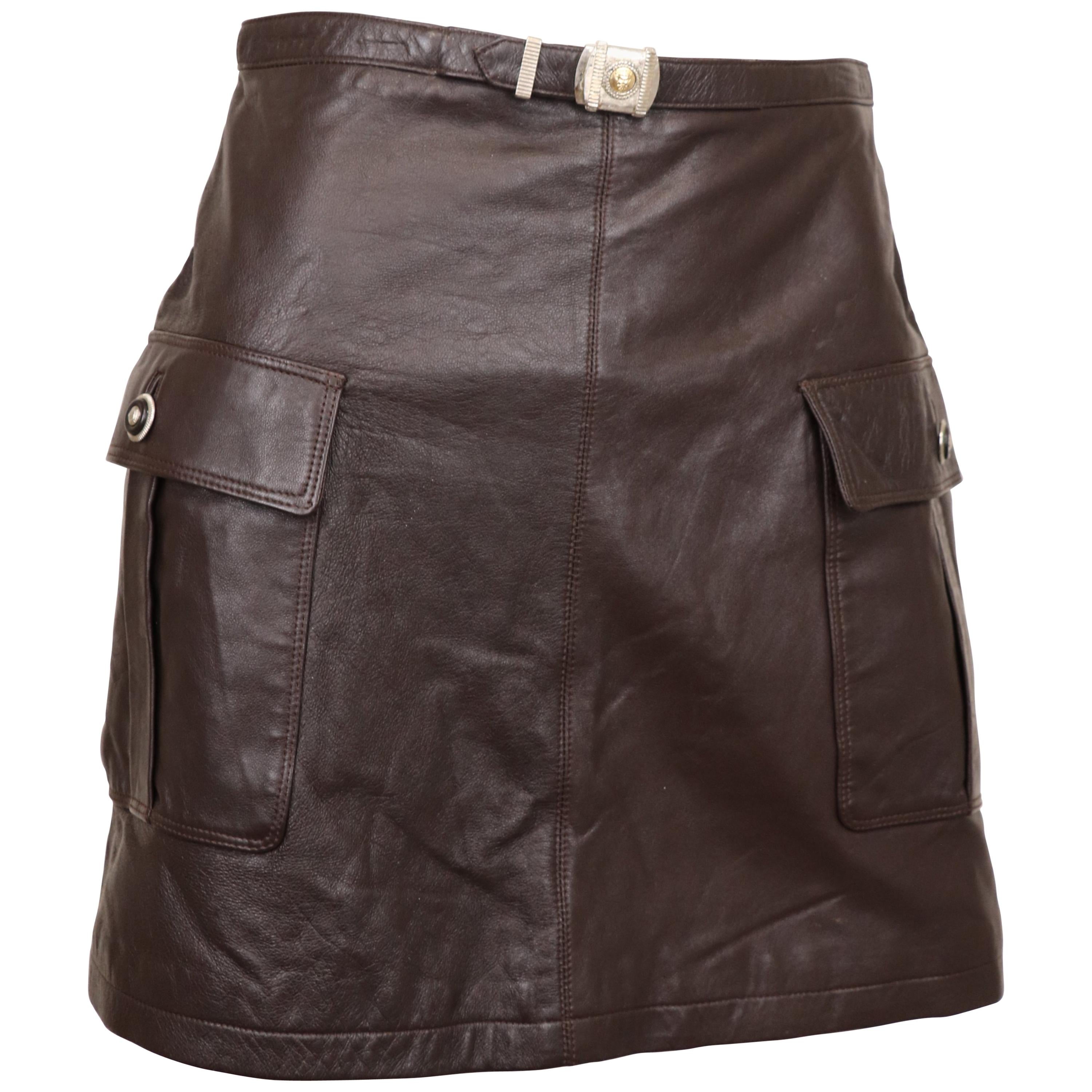 Istante by Versace Zeus Buckle Brown Leather Mini Skirt