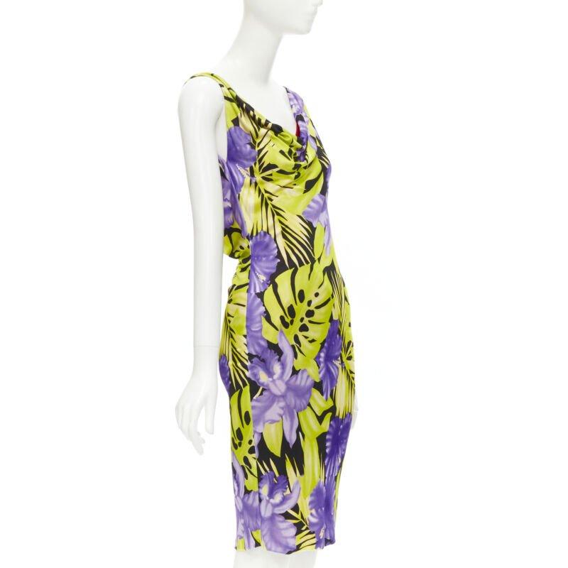 Beige ISTANTE GIANNI VERSACE 1998 Vintage tropical Jungle floral draped back dress M For Sale