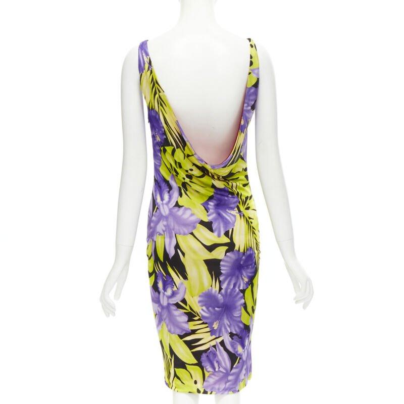 ISTANTE GIANNI VERSACE 1998 Vintage tropical Jungle floral draped back dress M For Sale 1