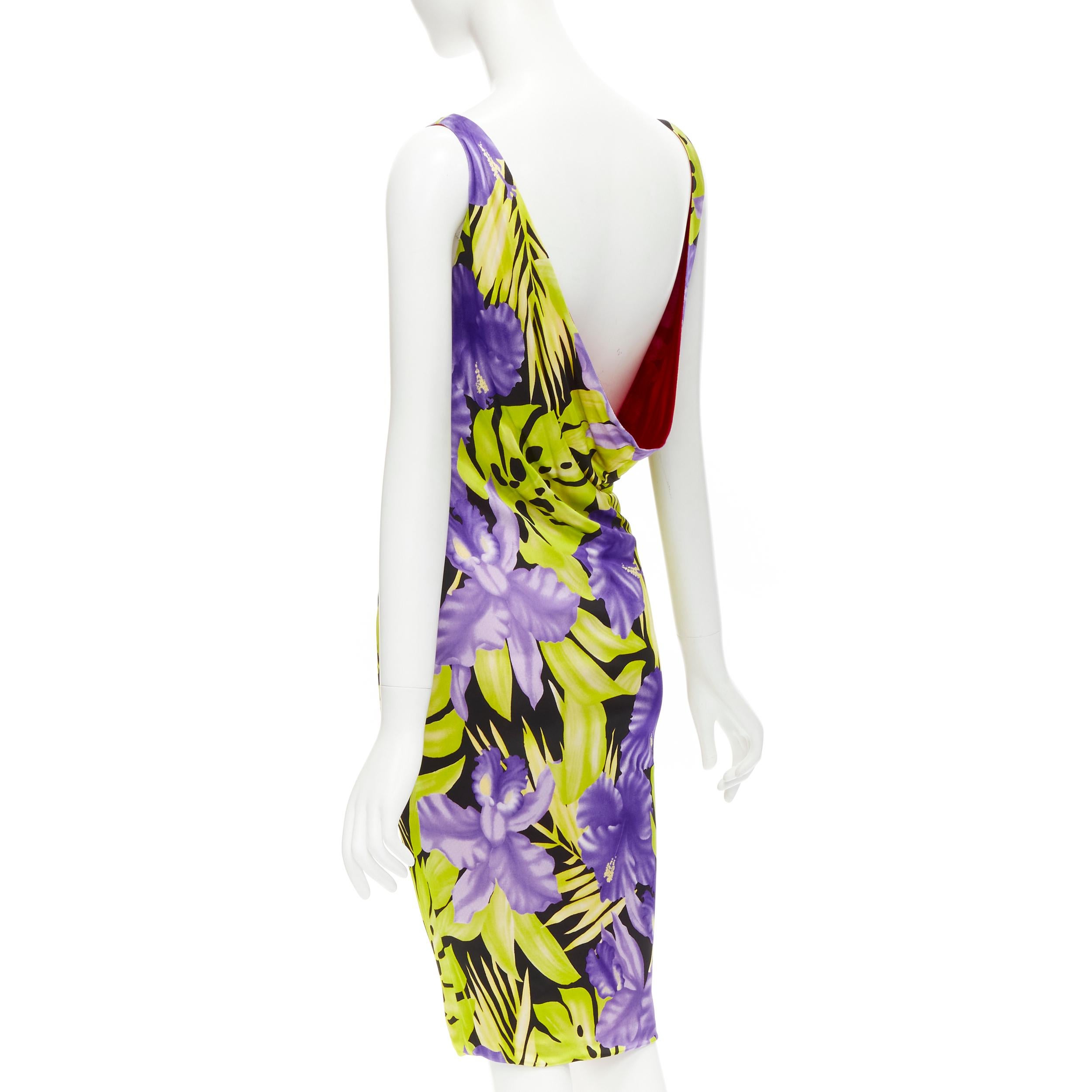 ISTANTE GIANNI VERSACE 1998 Vintage tropical Jungle floral draped back dress M For Sale 1