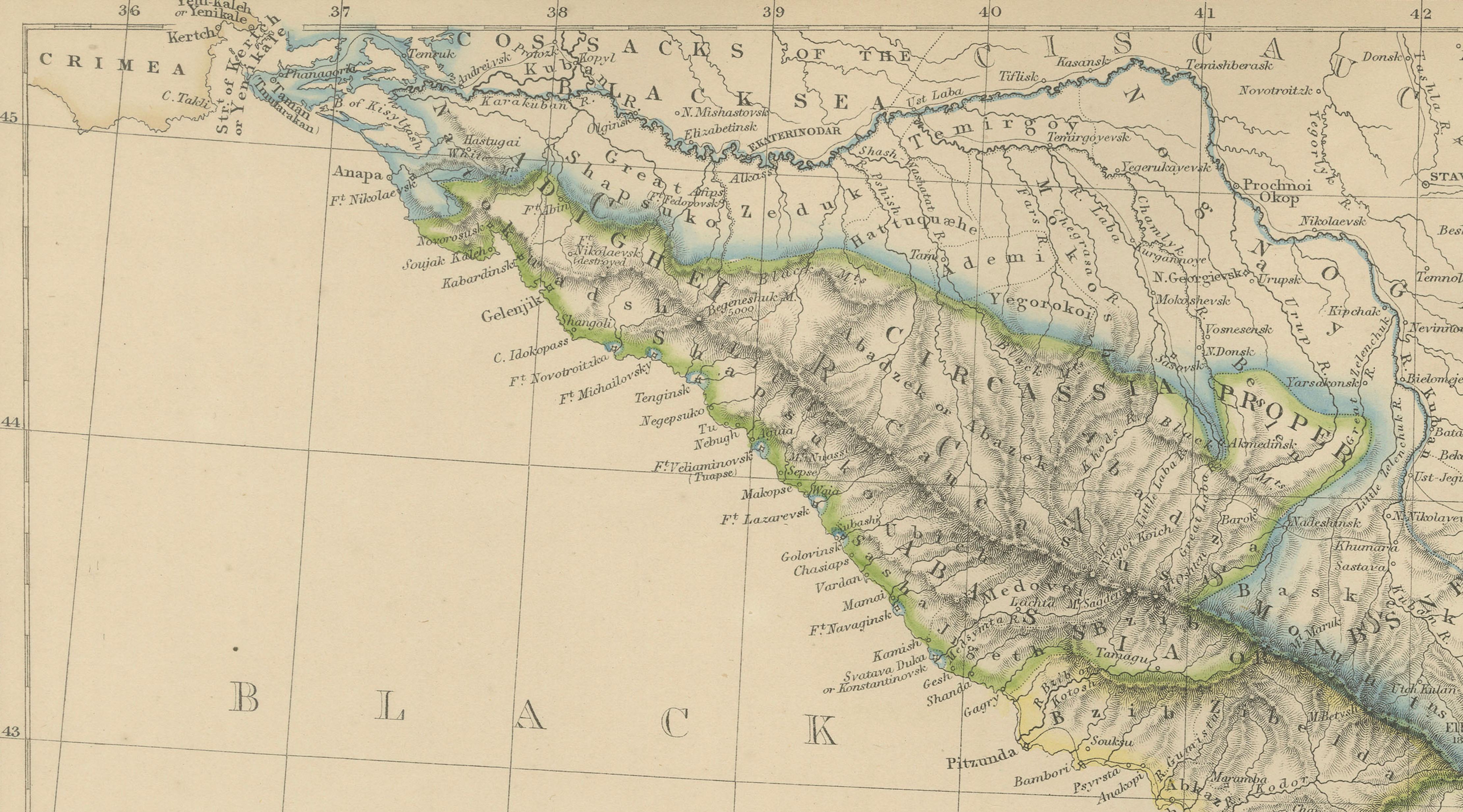 Isthmus of Caucasus and Armenia, Antique Map, Black Sea to Caspian, 1860