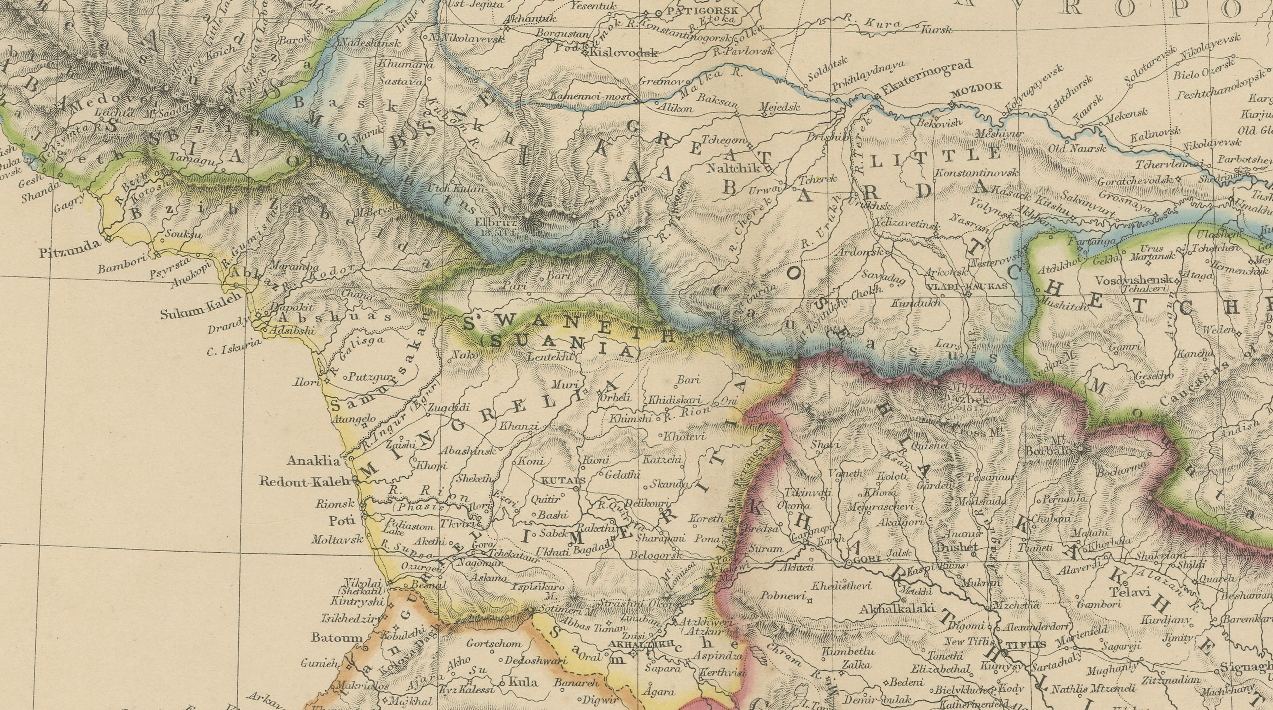 Isthmus of Caucasus and Armenia, Antique Map, Black Sea to Caspian, 1860
