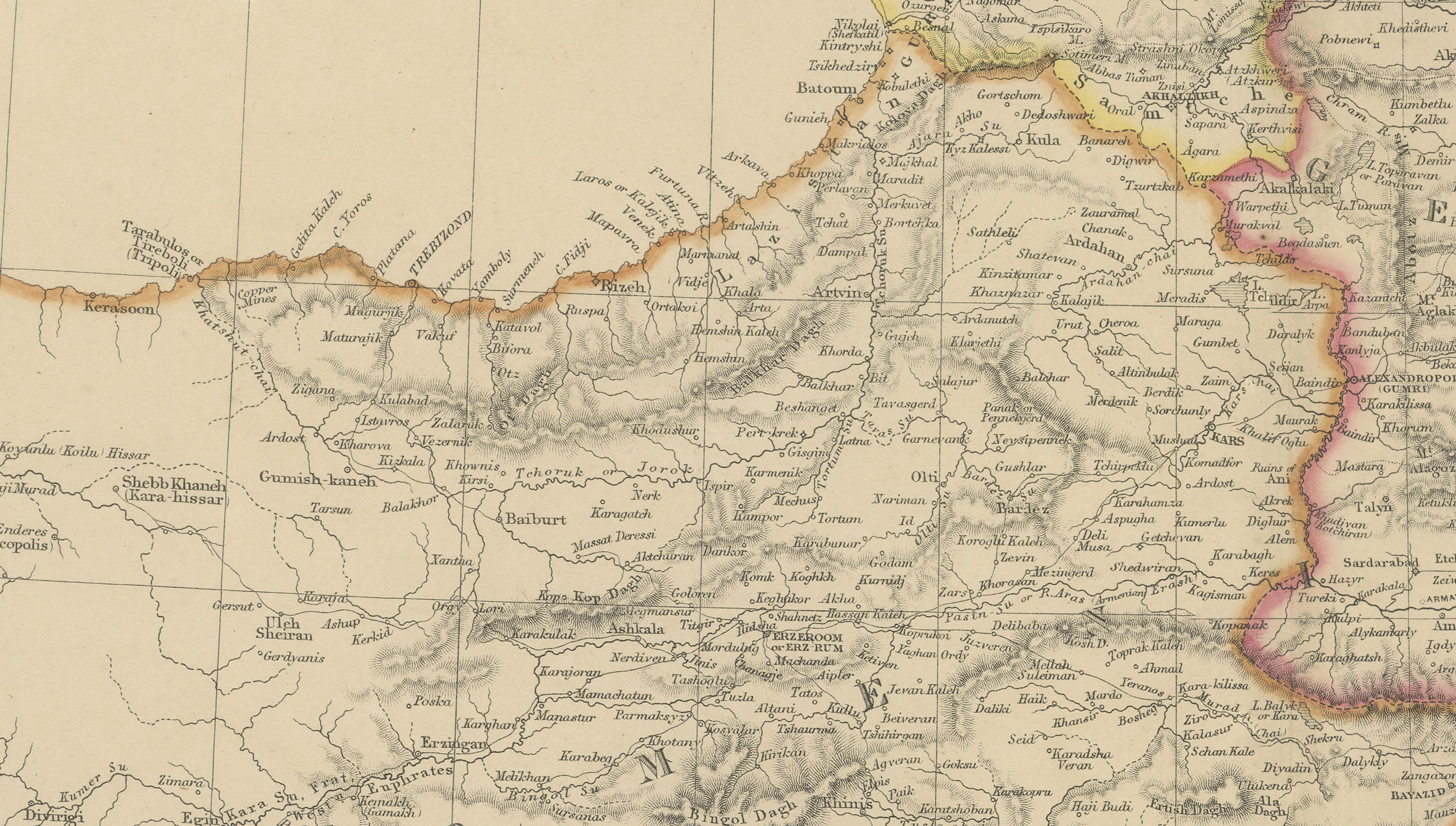 Isthmus of Caucasus and Armenia, Antique Map, Black Sea to Caspian, 1860