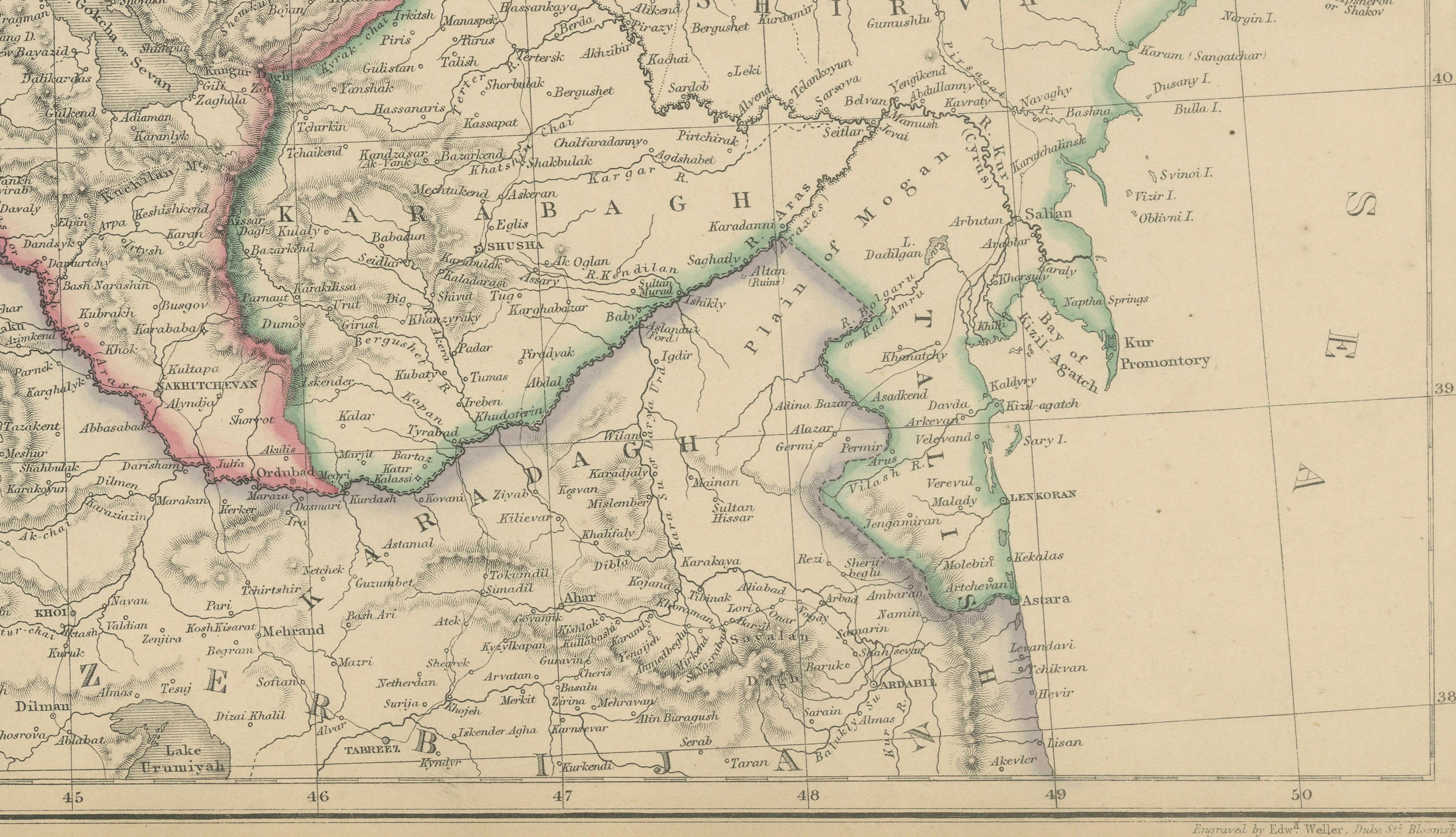 Isthmus of Caucasus and Armenia, Antique Map, Black Sea to Caspian, 1860