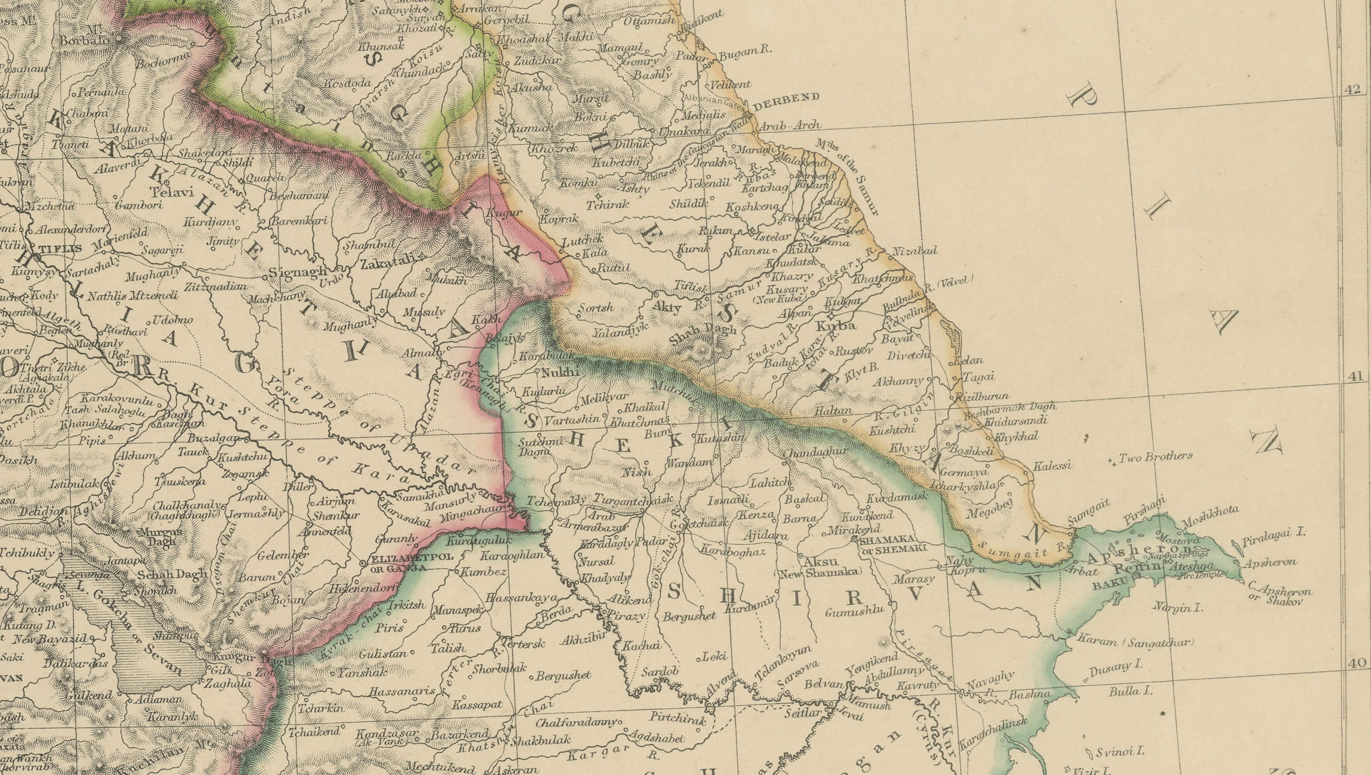 Isthmus of Caucasus and Armenia, Antique Map, Black Sea to Caspian, 1860