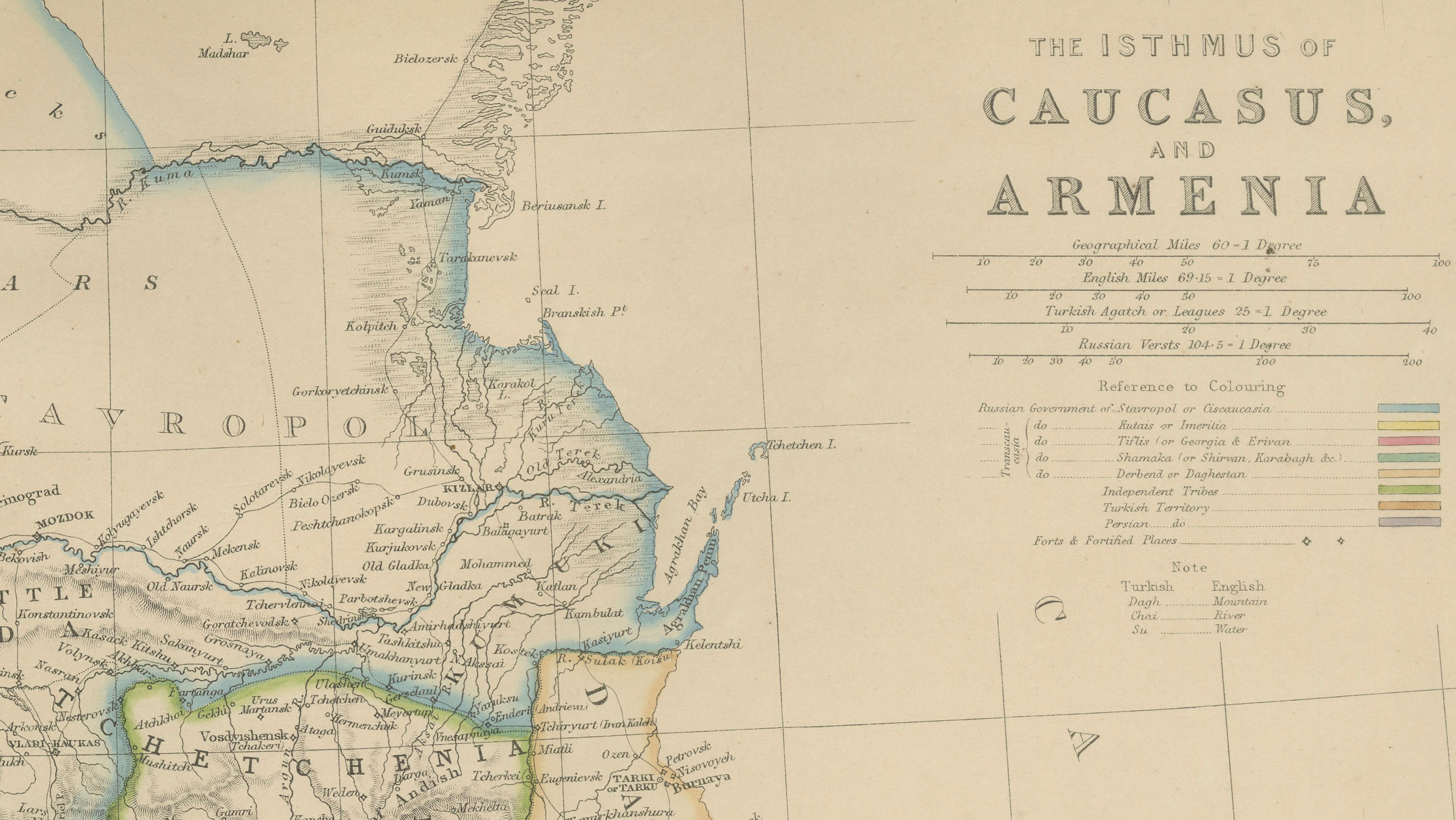 Isthmus of Caucasus and Armenia, Antique Map, Black Sea to Caspian, 1860
