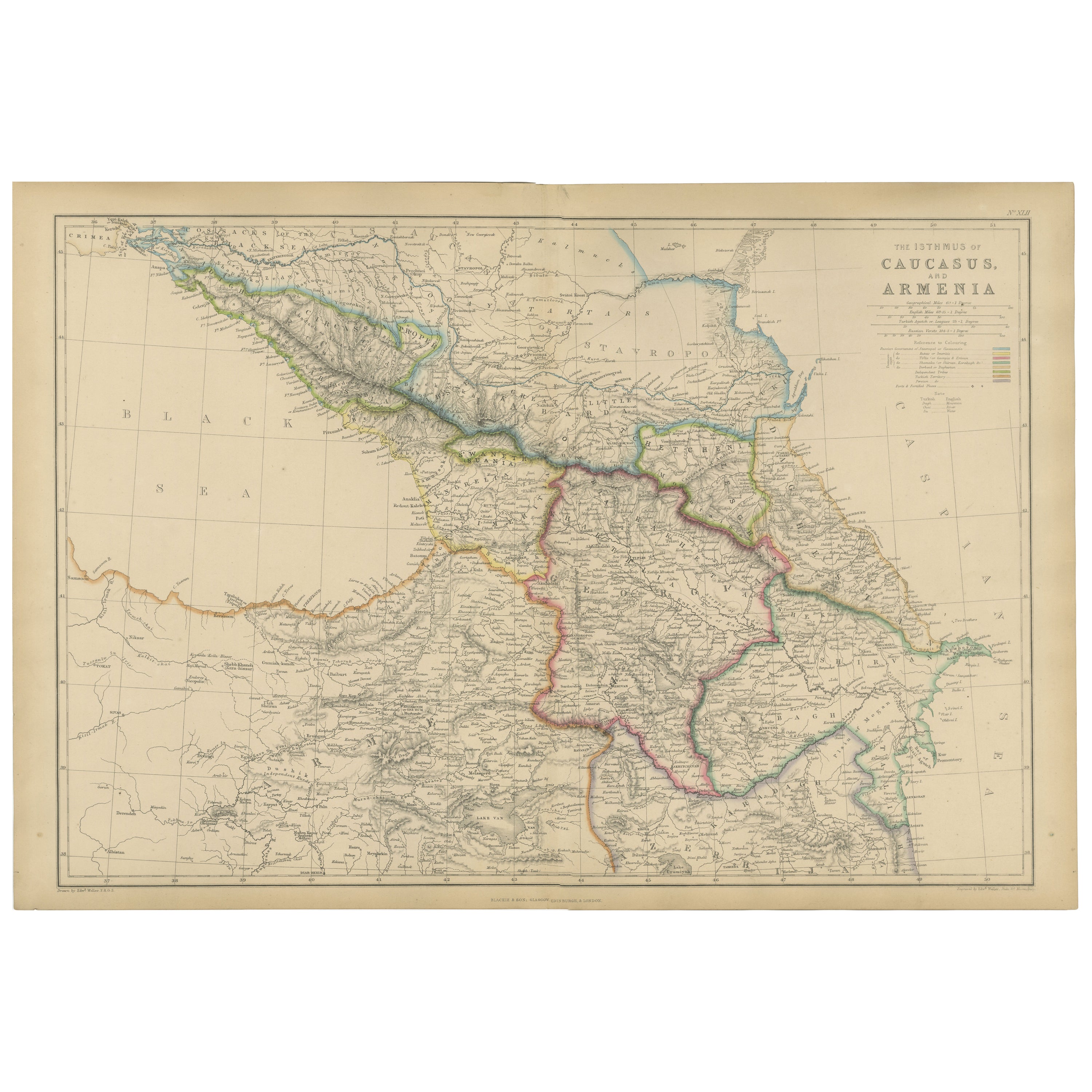 Isthmus of Caucasus and Armenia, Antique Map, Black Sea to Caspian, 1860