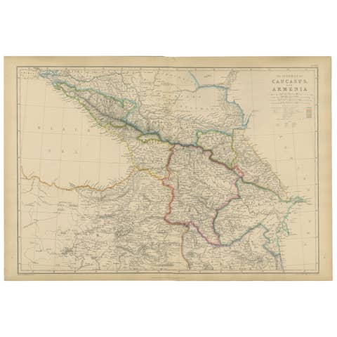 Isthmus of Caucasus and Armenia, Antique Map, Black Sea to Caspian, 1860