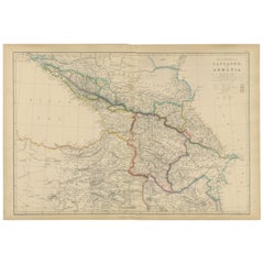 Isthmus of Caucasus and Armenia, Antique Map, Black Sea to Caspian, 1860