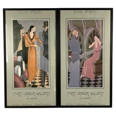 Vintage Istvan Bernath, Set of 2 Art Deco Lithographs, Icart Vendor Gallery, Los Angeles