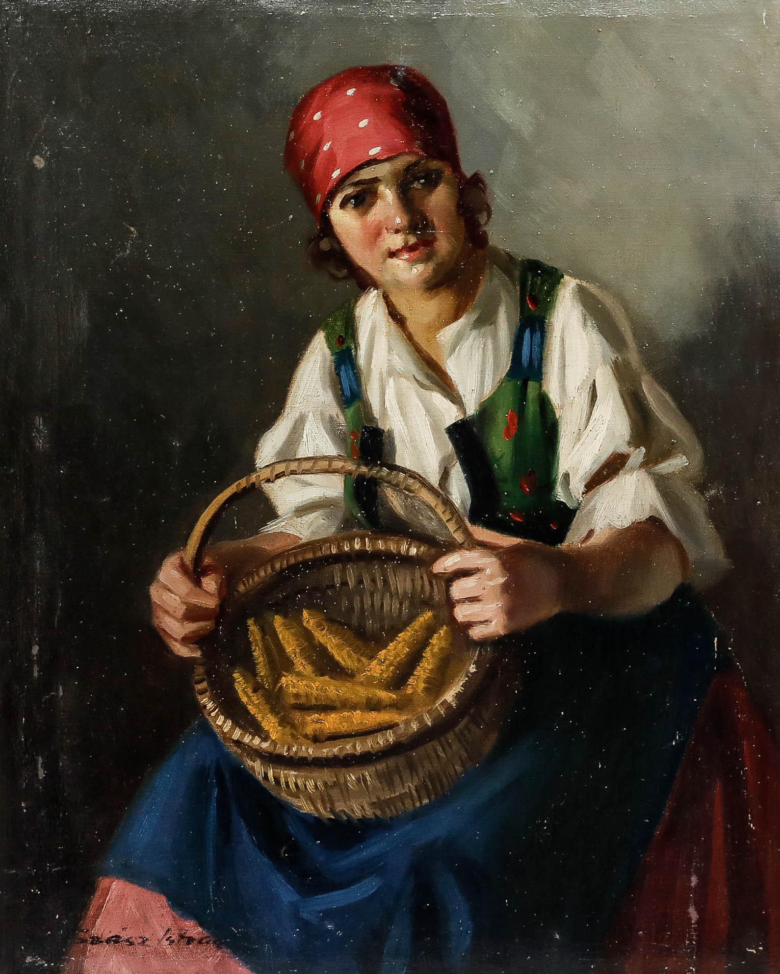 Istvan Szasz (1878-1965) - Olio della metà del XX secolo, Ragazza con cesto di mais in vendita 1