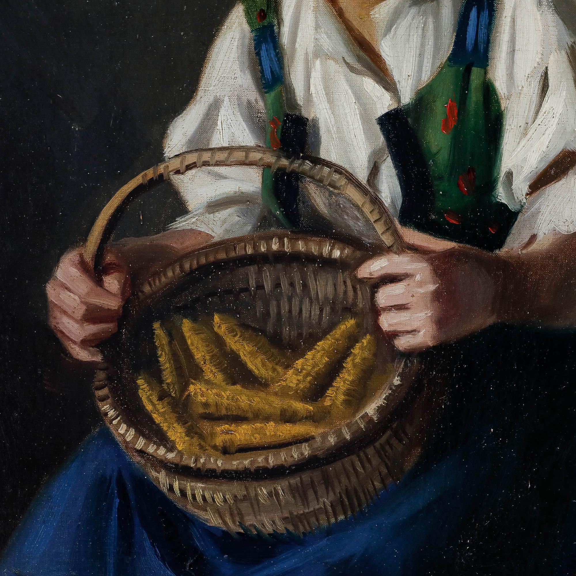 Istvan Szasz (1878-1965) - Olio della metà del XX secolo, Ragazza con cesto di mais in vendita 3