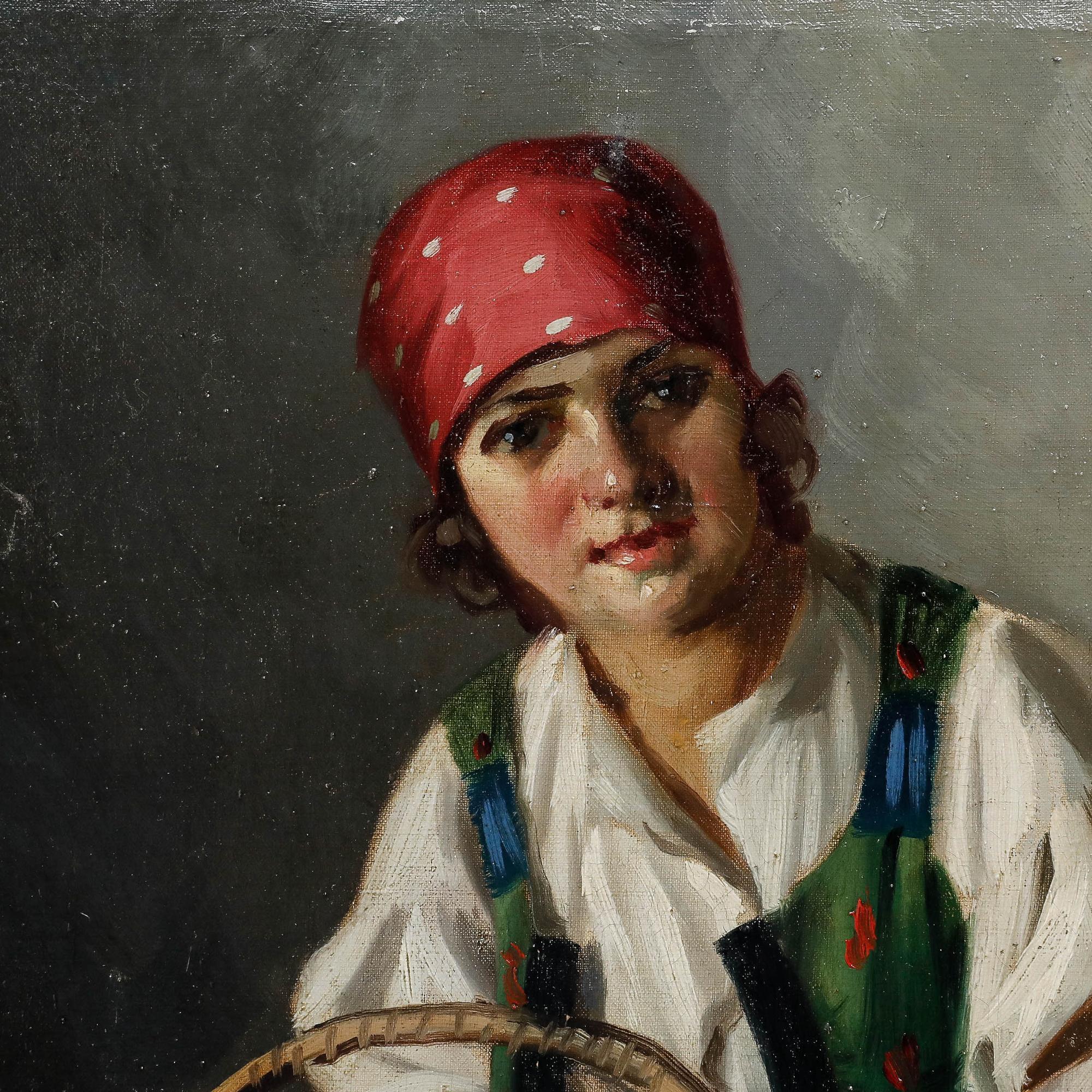 Istvan Szasz (1878-1965) - Olio della metà del XX secolo, Ragazza con cesto di mais in vendita 4