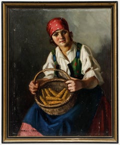 Istvan Szasz (1878-1965) - Olio della metà del XX secolo, Ragazza con cesto di mais