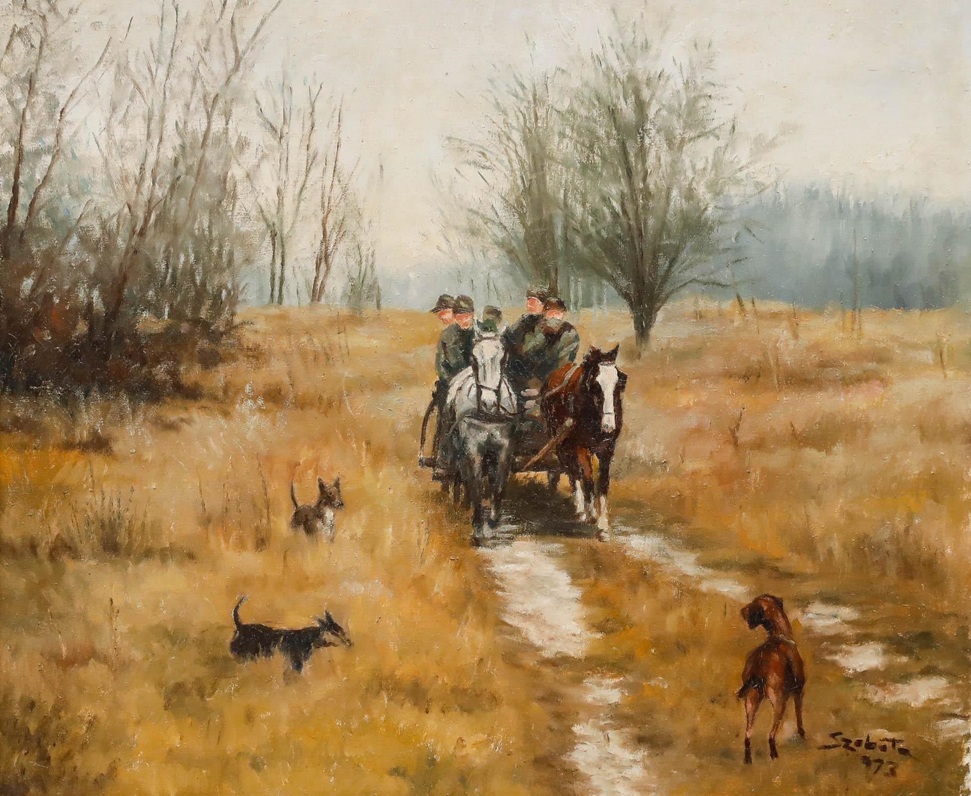 Istvan Szobota (1911-1994) - Framed 20th Century Oil, Huntsmen on a Carriage For Sale 3