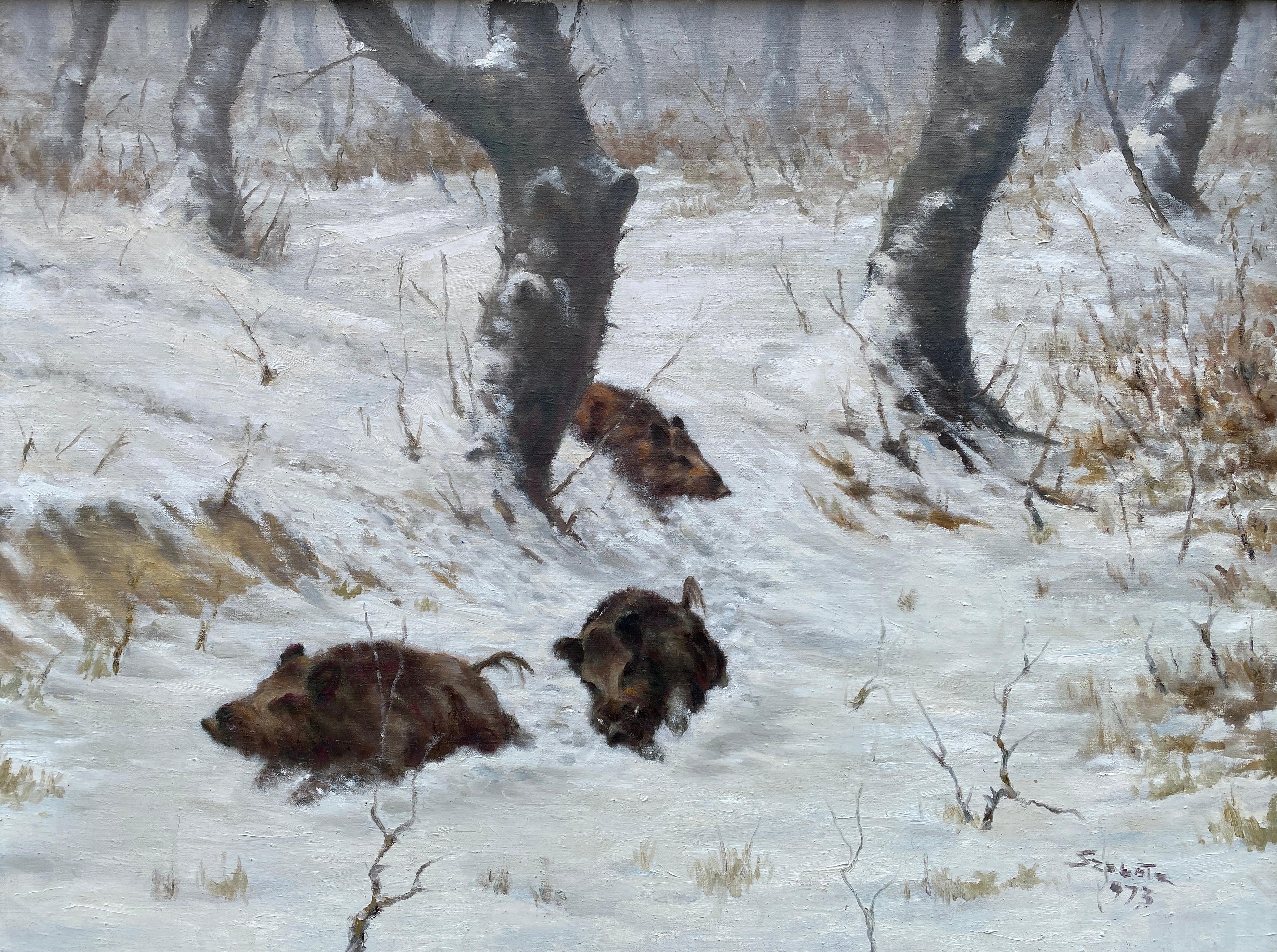 Wild Boars in Winter Forest, István Szobota, Budapest 1911 – 1994 Sopron - Painting by Istvan Szobota