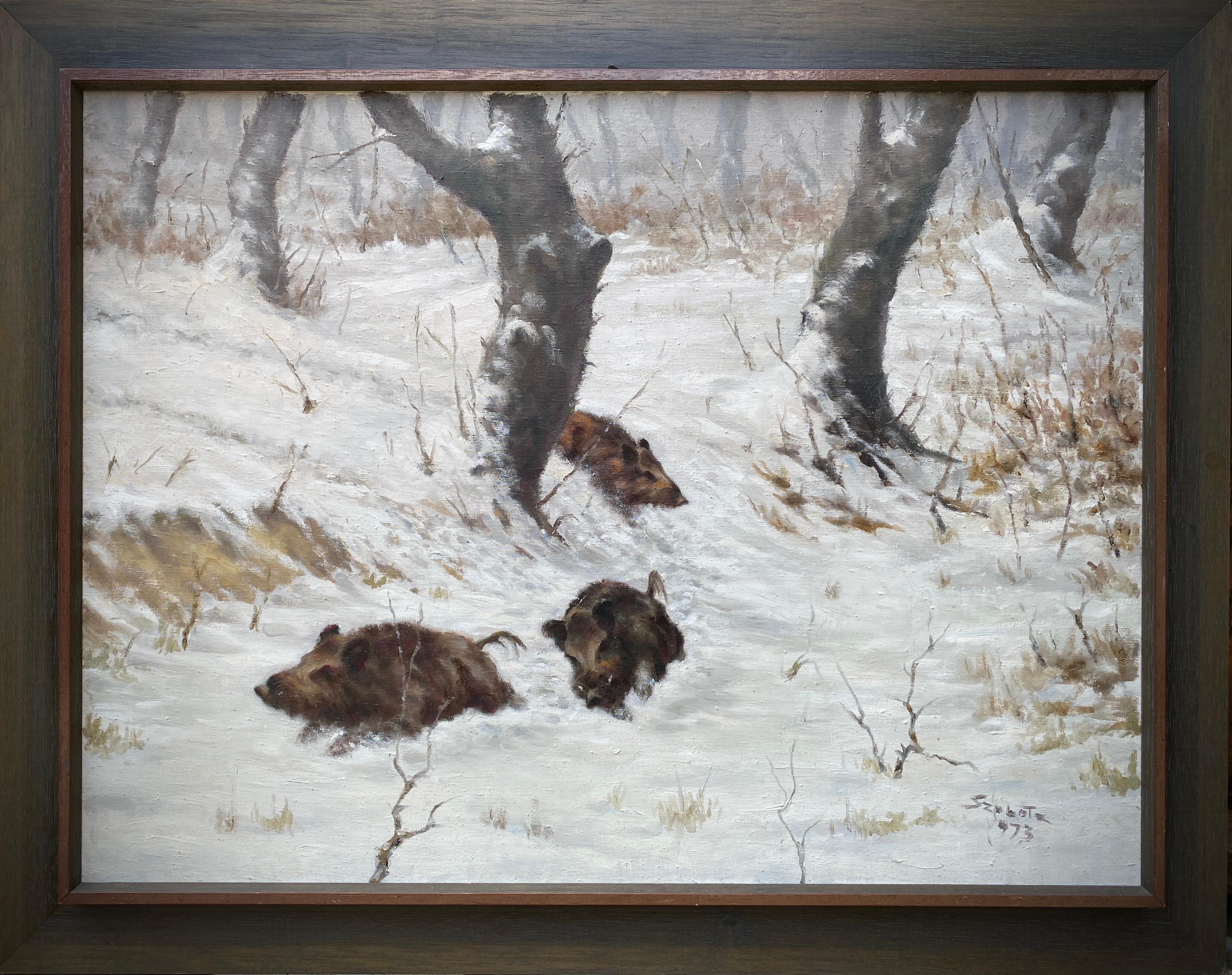 Istvan Szobota Animal Painting - Wild Boars in Winter Forest, István Szobota, Budapest 1911 – 1994 Sopron