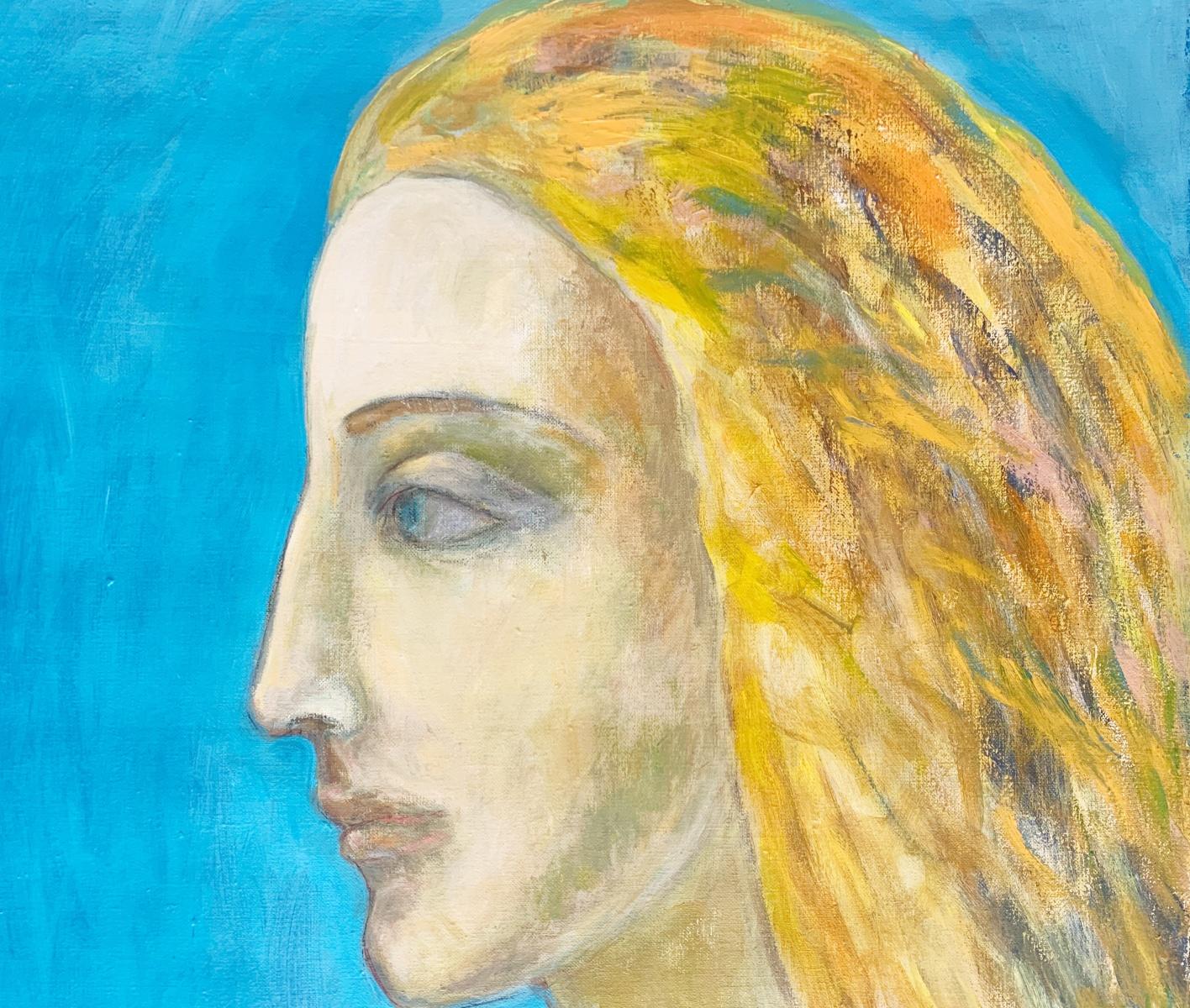 Contemporary oil on canvas figurative painting by Iszchan Nazarian. Painting depicts side profile portrait of a long haired angel without their's wings visible in a frame. The style of artwork is faux naive. Colors used are vibrant blue, yellow and
