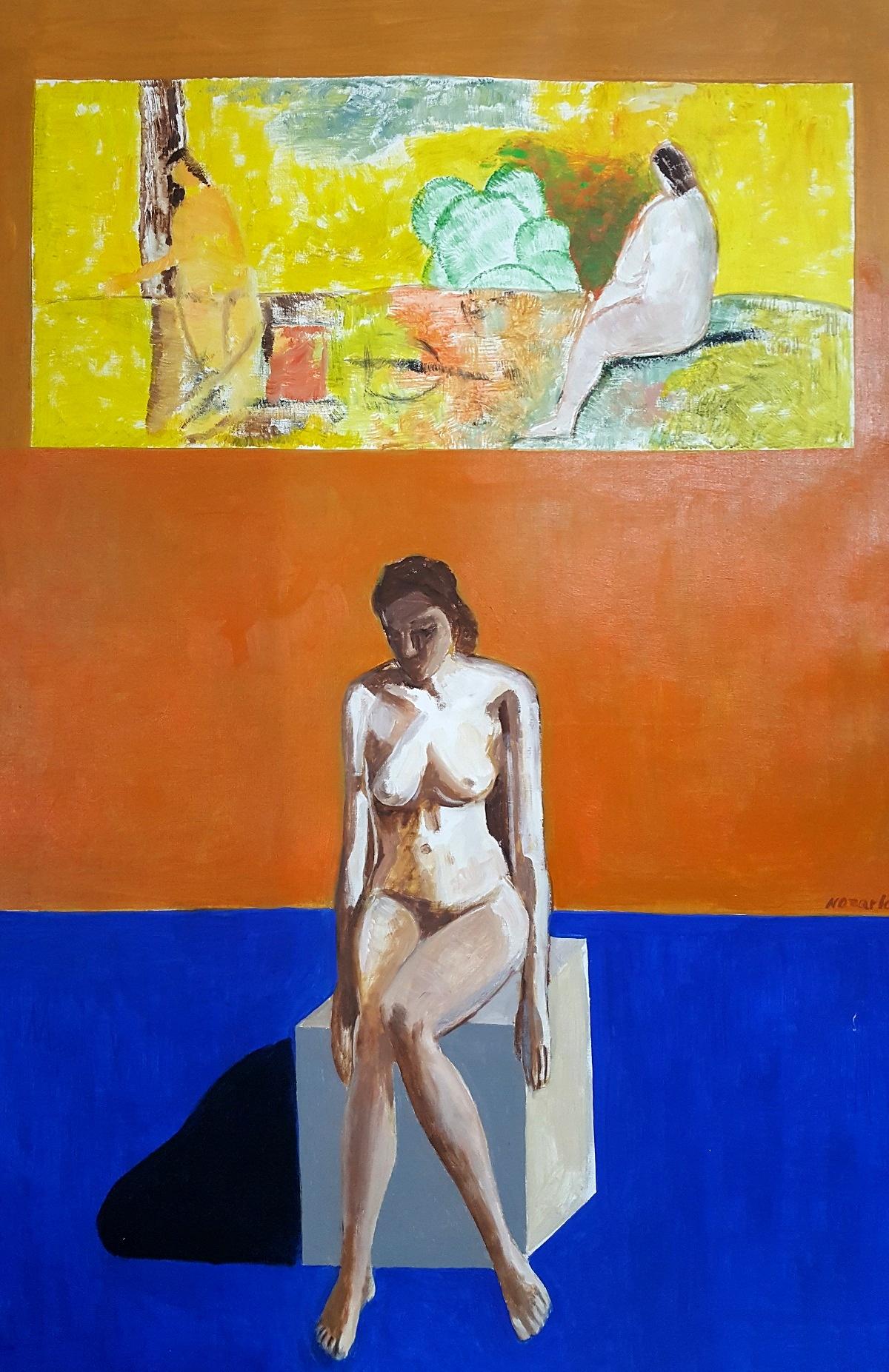 Sitting woman - XXI century, Oil figurative painting, Interior, Warm tones - Orange Figurative Painting by Iszchan Nazarian