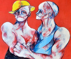 It Takes Two to Tango, Yellow Hat and Blue Outfit on a Red and Black Background