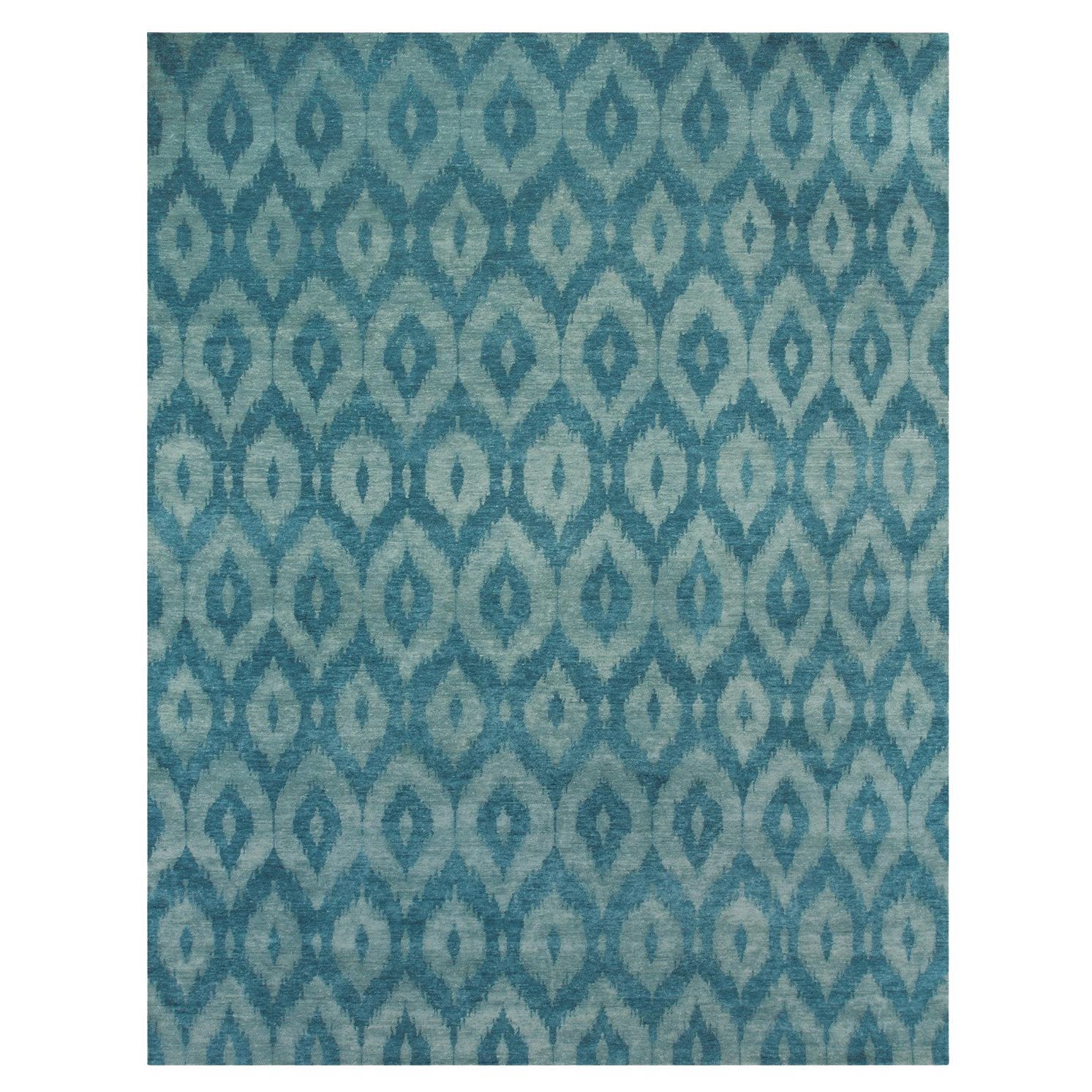 Pale Turquoise IT300G Ikat 275 Rectangular Rug in Hand-knotted Wool by Mohebban