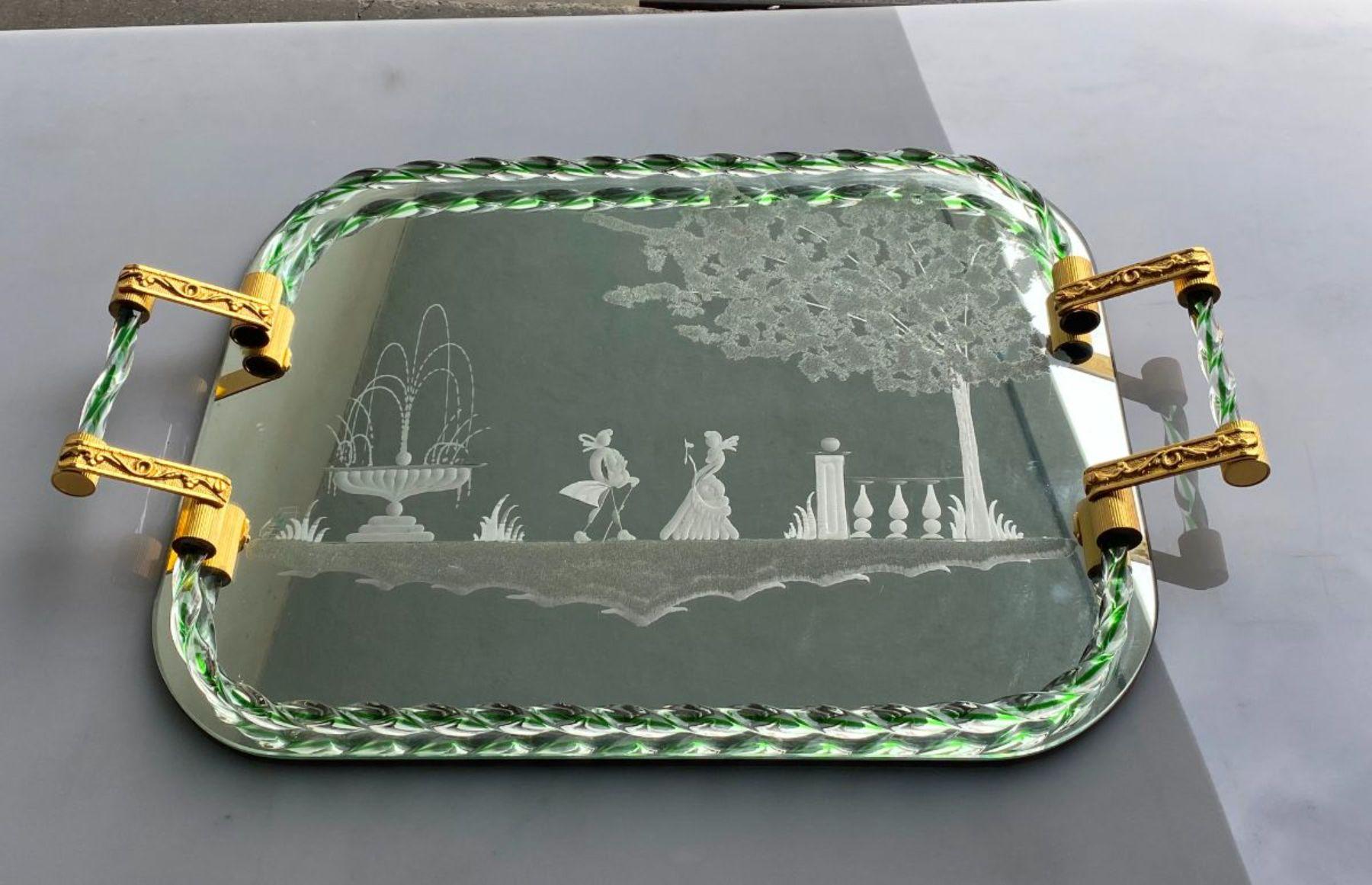 Carved Itailan Murano Barovier Style Vanity Tray with Etched Mirror Twisted Glass Rope For Sale
