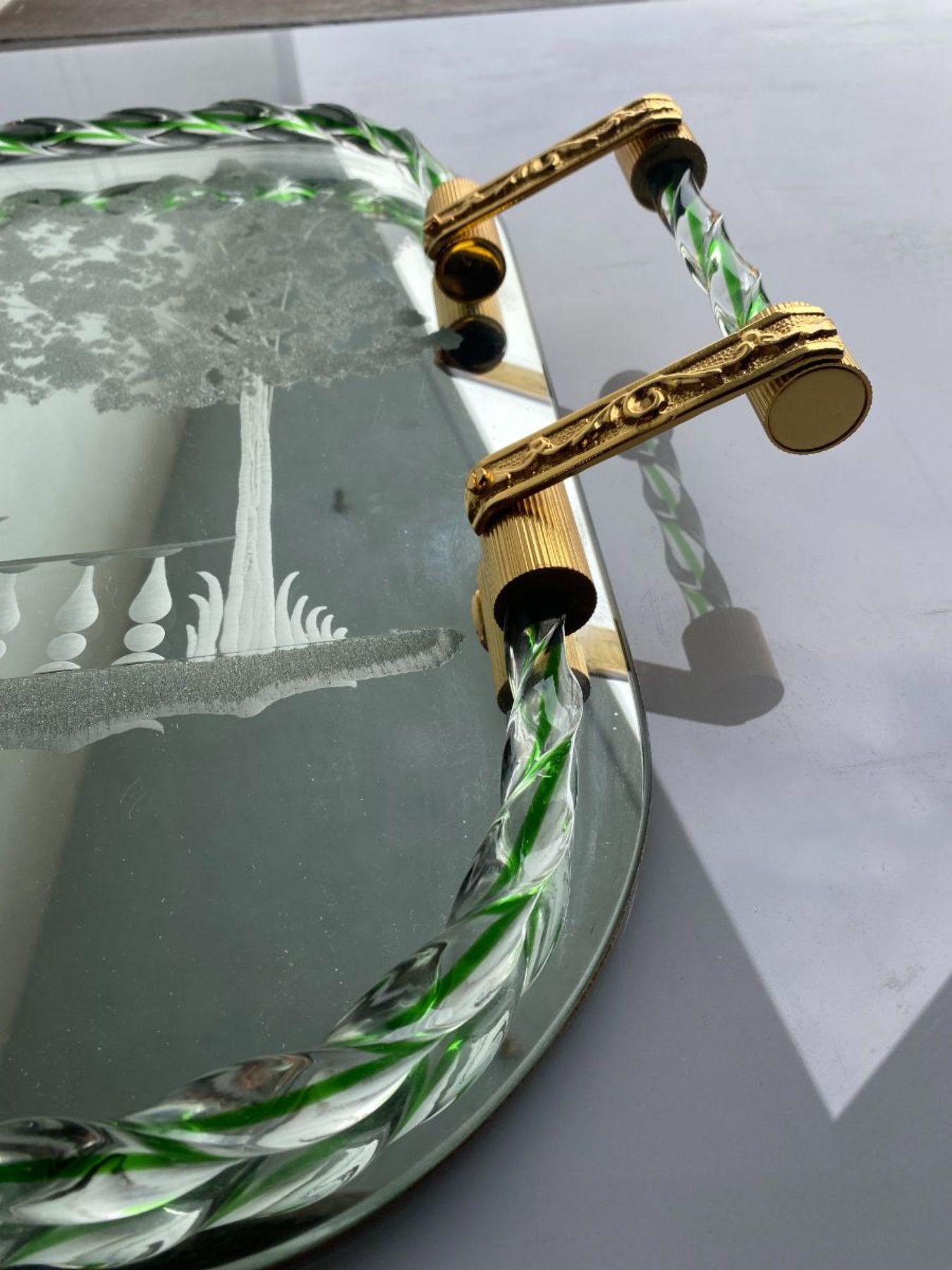 Brass Itailan Murano Barovier Style Vanity Tray with Etched Mirror Twisted Glass Rope For Sale