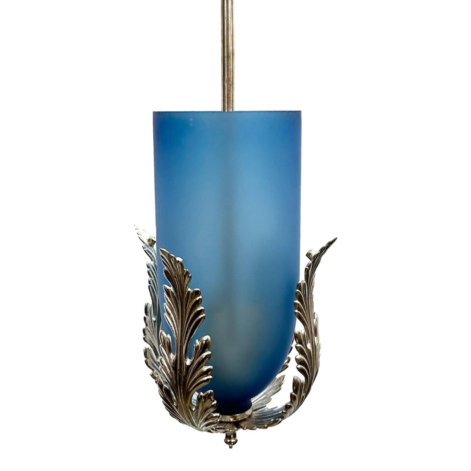 A circa 1950's Italian blown glass lantern with blue glass.

Measurements:
Minimum drop: 21