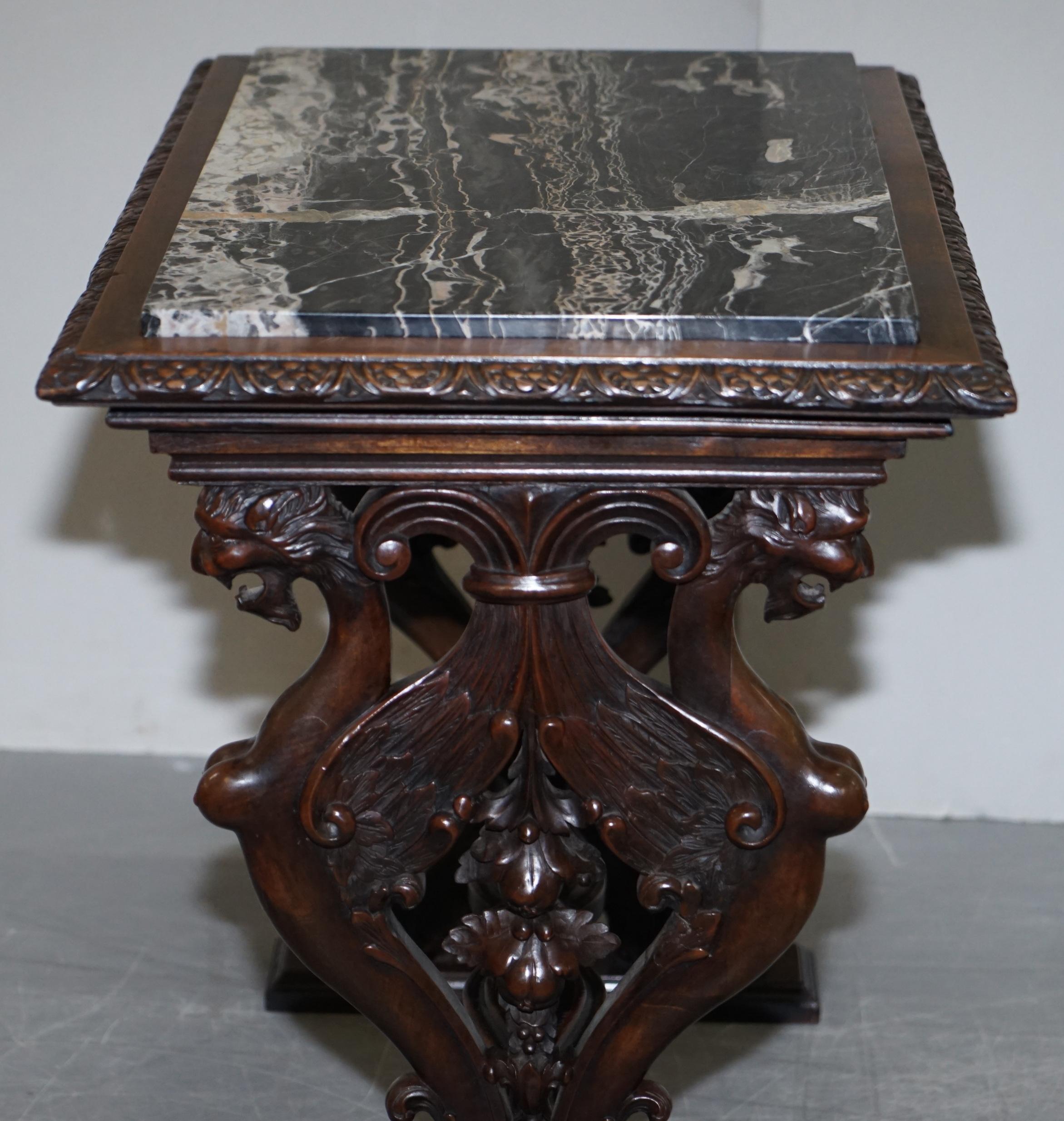 Italian circa 1840 Ornately Hand Carved Oak Side Table with Solid Marble Top For Sale 11