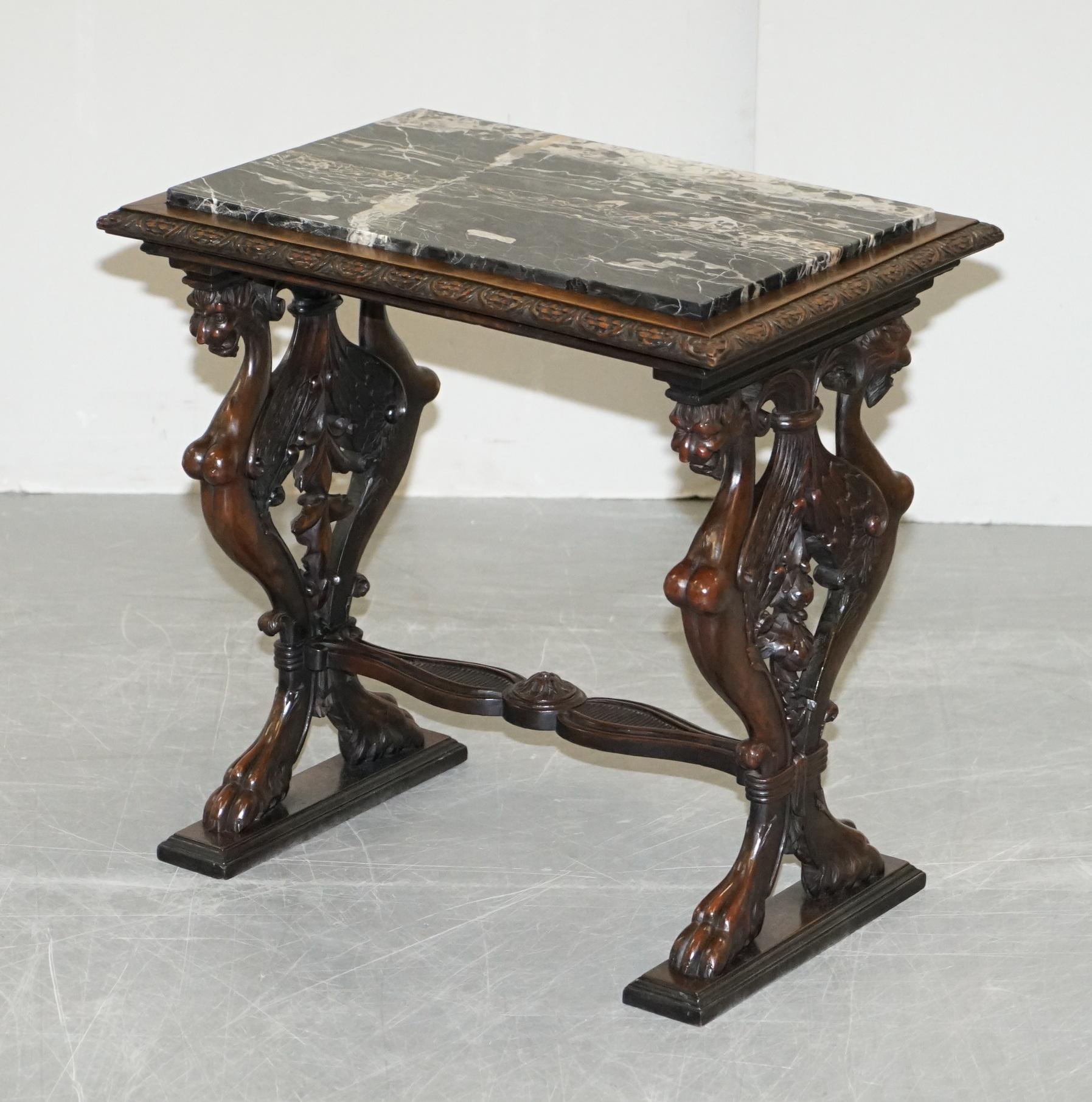 Early Victorian Italian circa 1840 Ornately Hand Carved Oak Side Table with Solid Marble Top For Sale