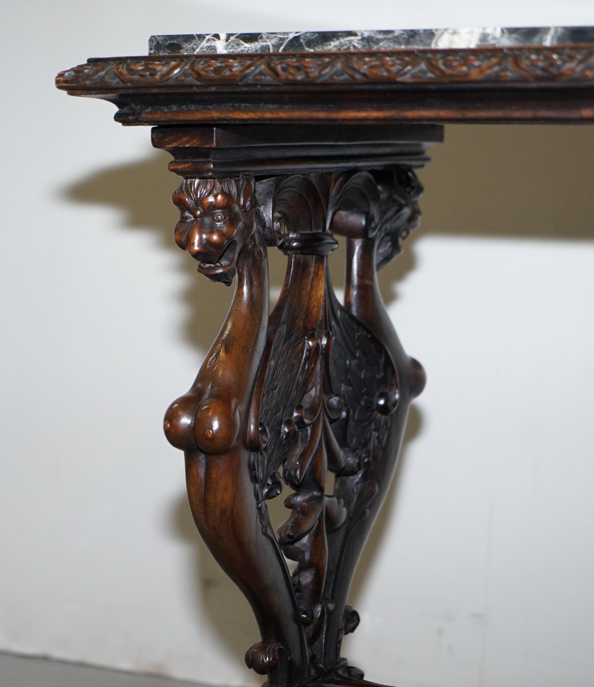 Italian circa 1840 Ornately Hand Carved Oak Side Table with Solid Marble Top For Sale 4