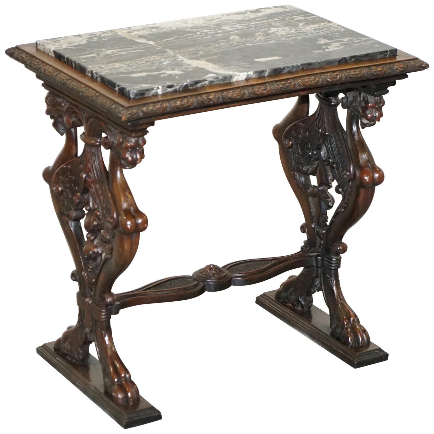 Italian circa 1840 Ornately Hand Carved Oak Side Table with Solid Marble Top