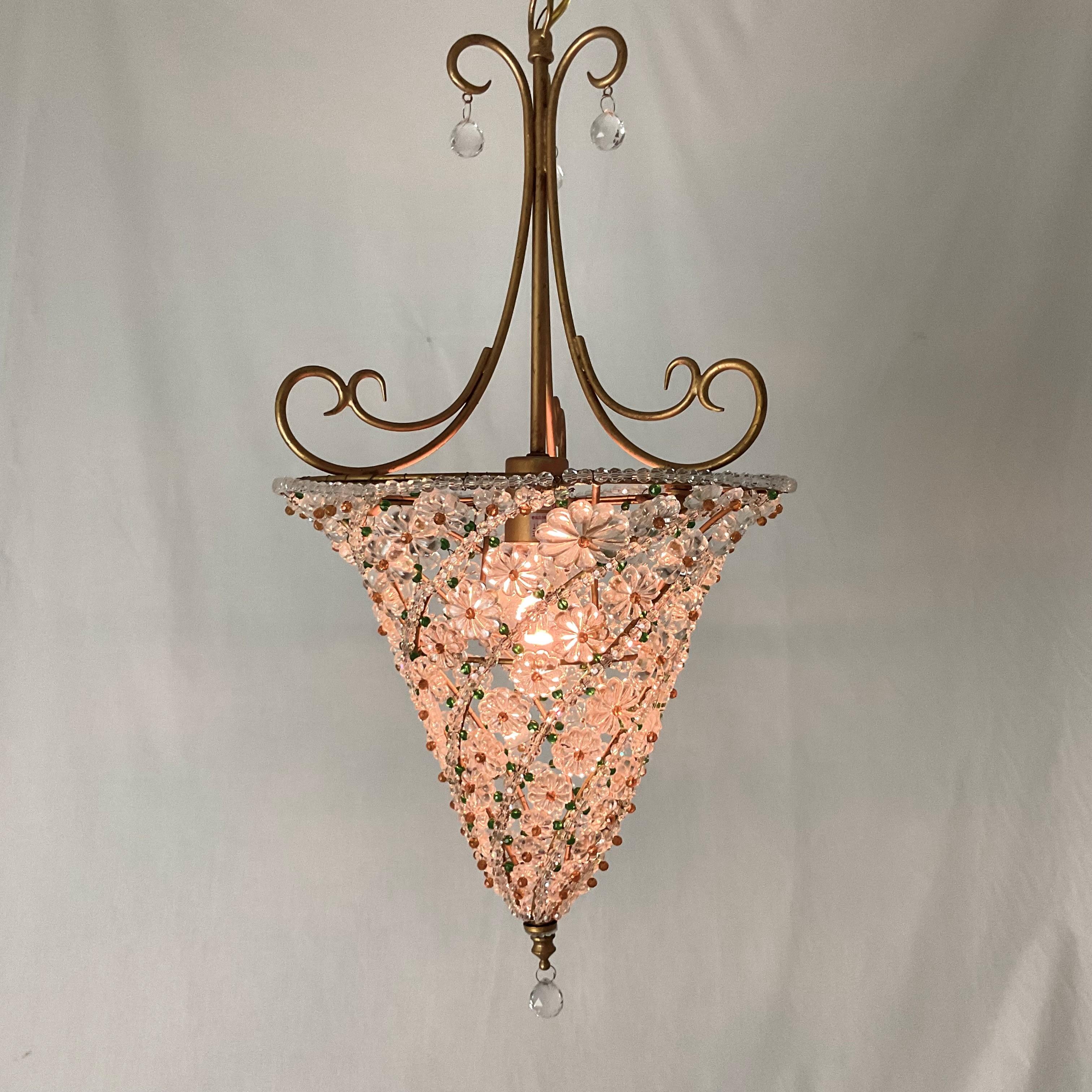 Gorgeous hand-beaded frame in glass rosettes with amber and emerald green glass beads. Very nice quality and understated elegance. This sale is for one (1) fixture, but we have four (4) in total. Imagine multiple in an elegant hallway or over a long