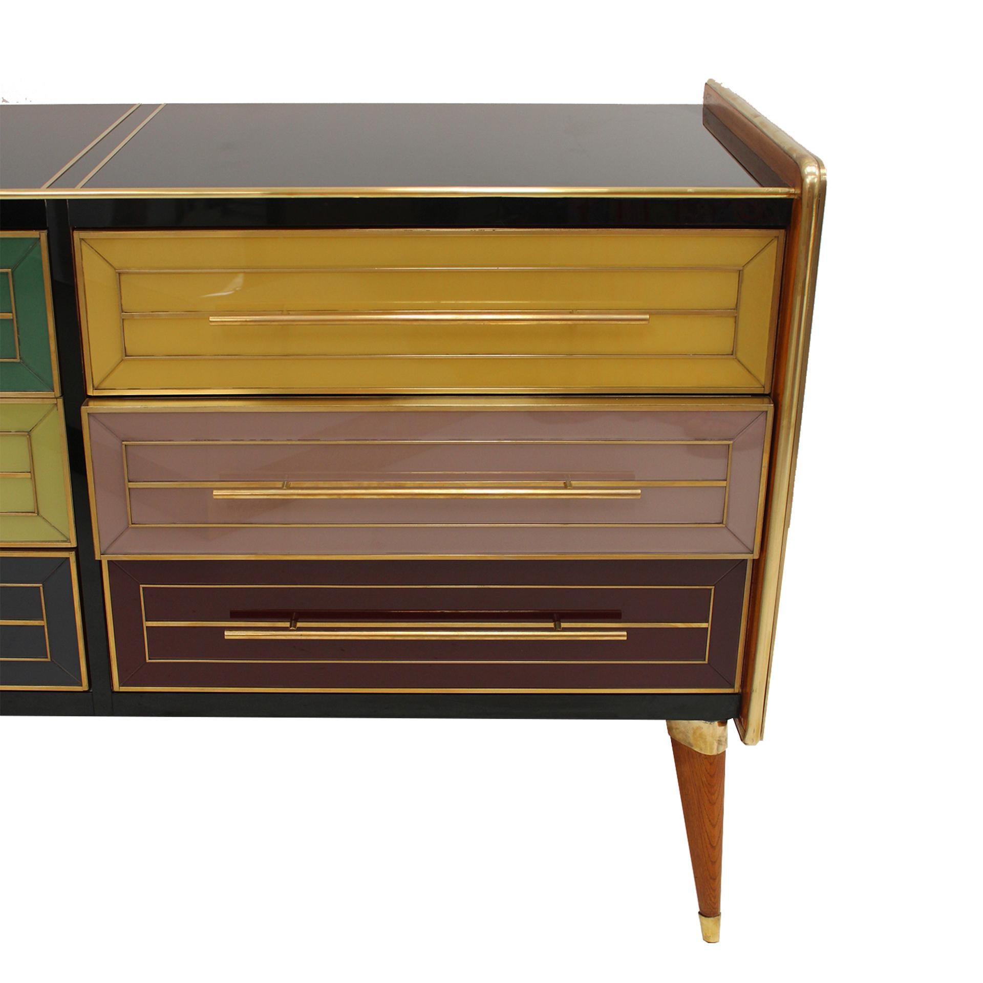 Mid-Century Modern Italain Sideboard Made Of Solid Wood And Covered With Colored Glass 1950S For Sale