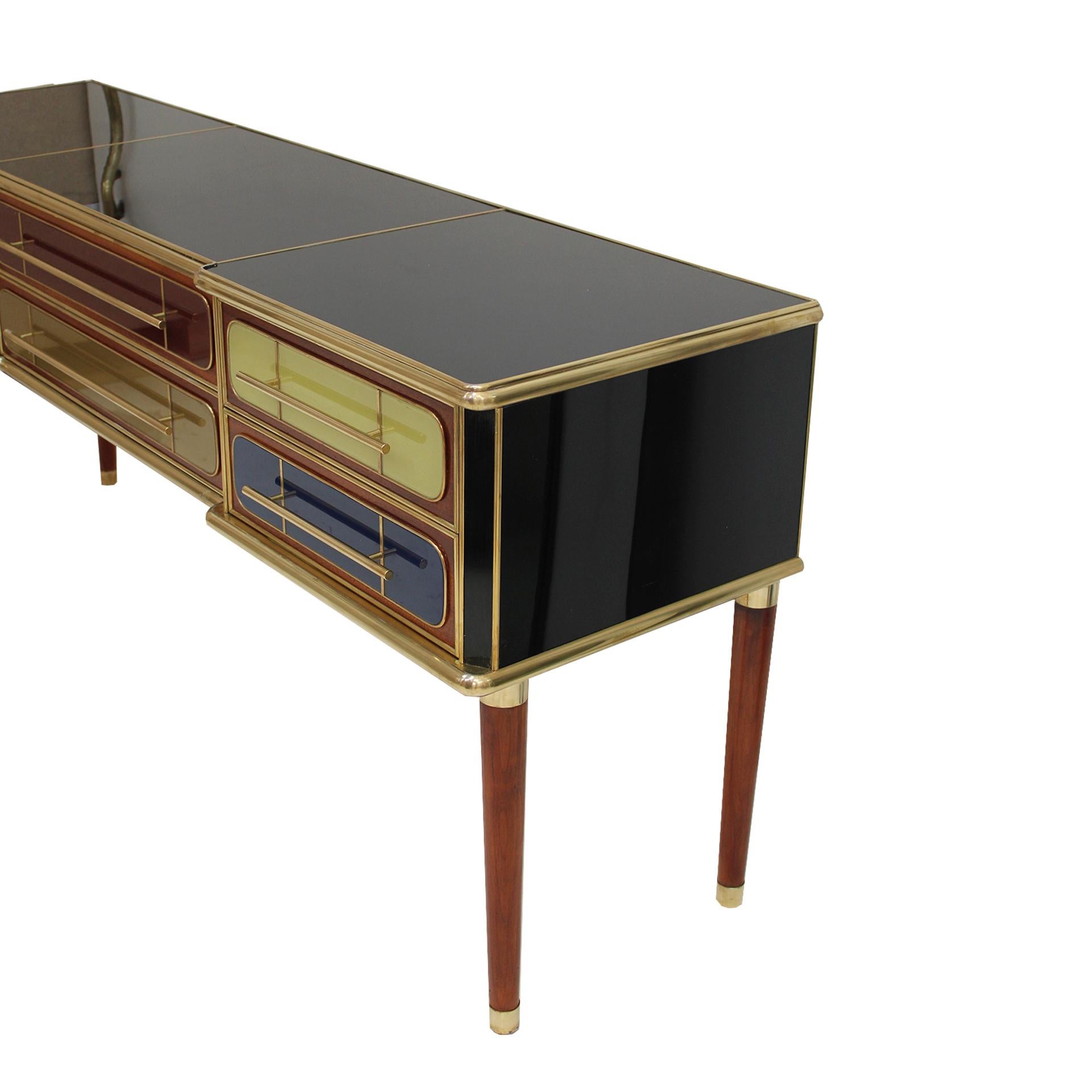 Mid-Century Modern Italain Sideboard Made Of Solid Wood And Covered With Colored Glass 1950S For Sale